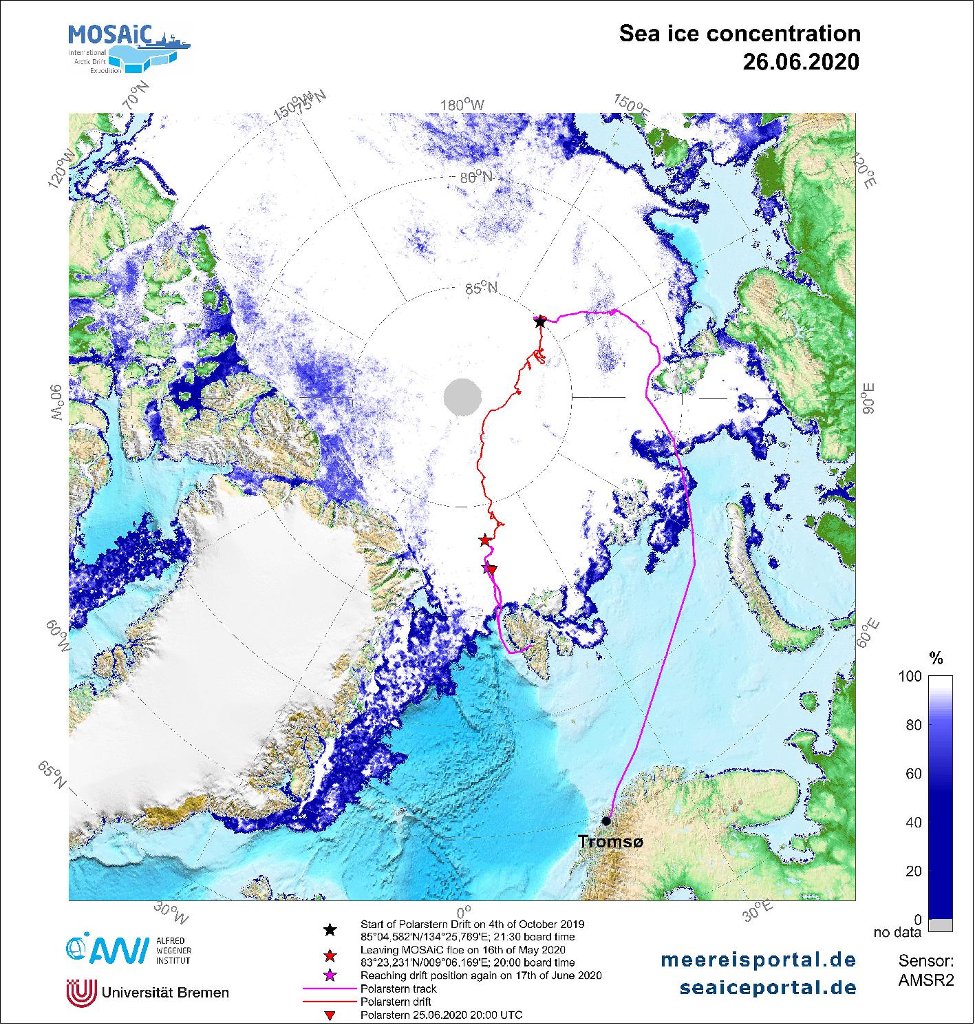 Figure 25: Sea ice concentration 26 June 2020 (map credit: AWI, University of Bremen)