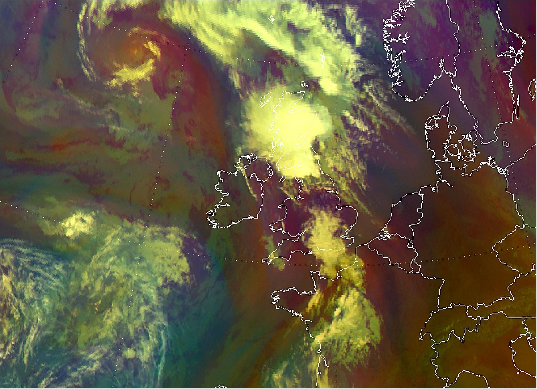 Figure 14: Meteosat-10 Airmass RGB image on 20 July 2016 at 09:00 UTC shows a cold front moving northeast across the UK. Rainfall totals exceeded 50 mm in areas of Wales and northwest England, and more than 30 mm in places in Scotland. A large MCS (Mesoscale Convective System) can be seen developing in the Irish sea and moving northeast over Scotland (image credit: EUMETSAT)