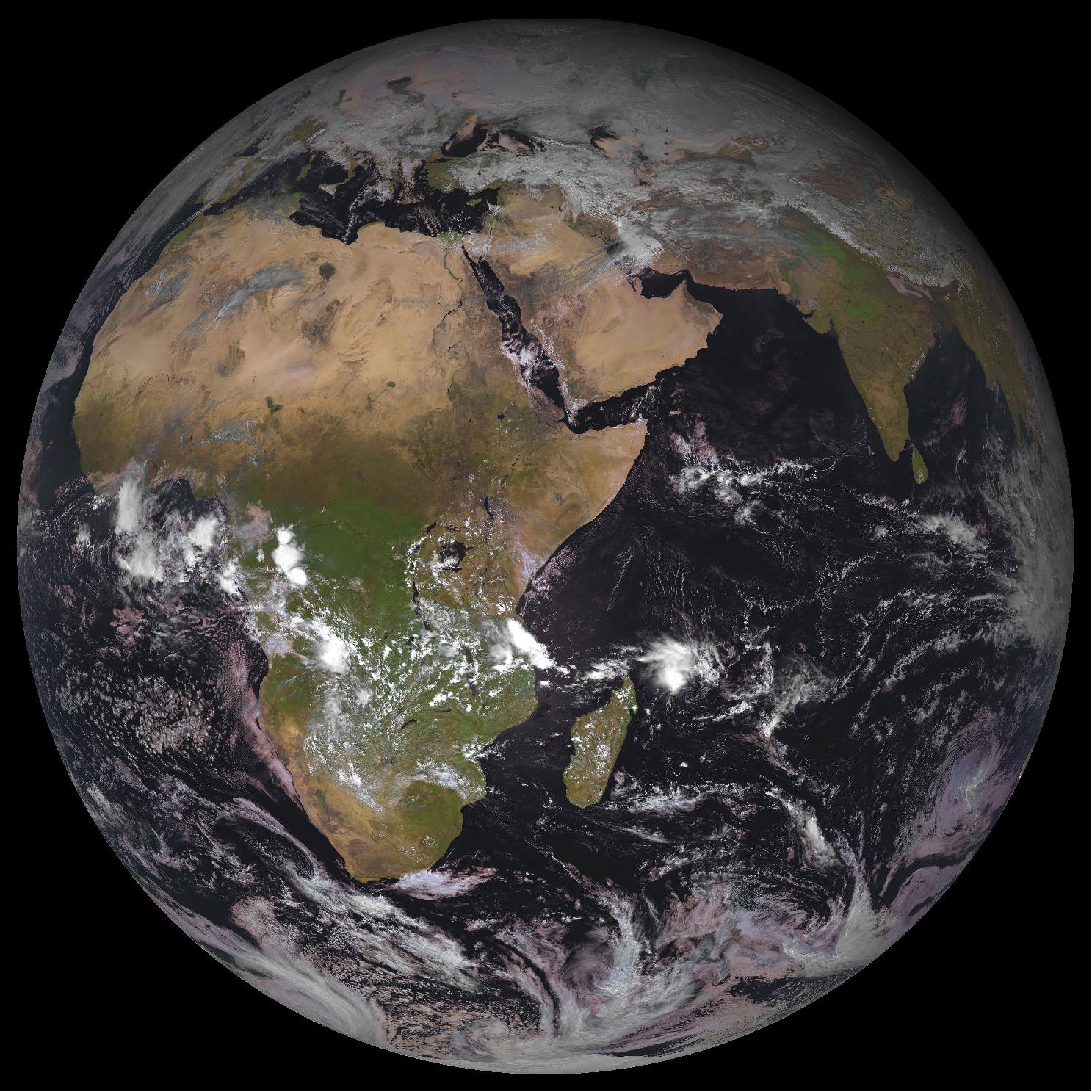 Figure 10: First operational image of the Indian Ocean region acquired by Meteosat-8 at 10:12 UTC on Feb. 1, 2017 (image credit: EUMETSAT)