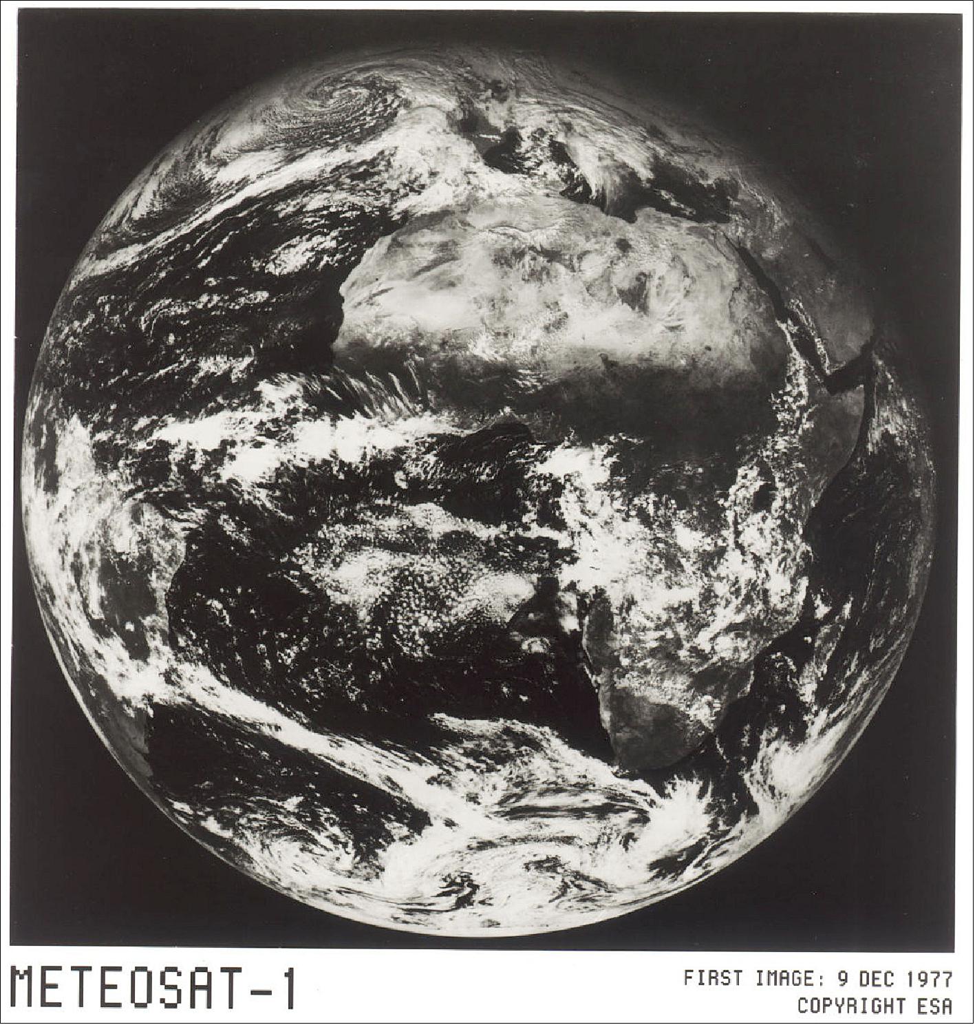 Figure 8: Meteosat-1 was launched on a Delta rocket from Cape Canaveral and moved to its nominal operational location over the equator at 0º longitude. The check-out of all systems was followed within a month by the start of routine image acquisition and distribution. This immediately became part of the operational system for weather forecasting across many countries in Europe (image credit: ESA)