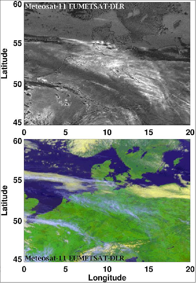 Figure 7: Thin ice clouds are shown as a white and pale grey pattern towards the top of the images, which illustrates radiation temperatures. Condensation trails are also visible here – white stripes indicate thick but still-young contrails. Older contrails overlap with one another and other clouds and are no longer visible as streaks. The upper image shows radiation temperature differences from the 10.8 and 12 µm channels of the Meteosat Second Generation (MSG) weather satellite, using the SEVIRI sensor, at 10:00 UTC on 16 April 2020. The lower image shows a false color composite image of visible and infrared measurement data from the MSG/SEVIRI instrument for the same meteorological conditions (image credit: EUMETSAT/DLR)