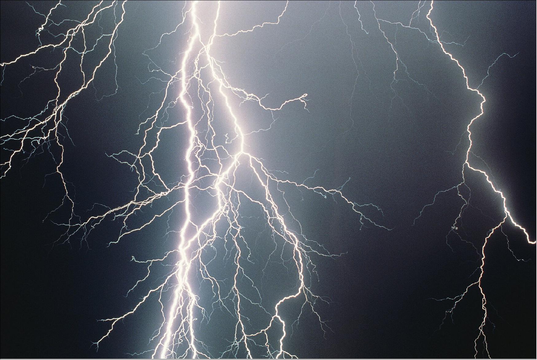 Figure 12: Lightning is an electrical discharge caused by imbalances between storm clouds and the ground, or within the clouds themselves. Most lightning occurs within the clouds. Lightning is one of nature's most common spectacles. Around the world, there are over three million flashes every day, and kills around 2000 people a year. Carried on the Meteosat Third Generation Imager satellites, the Lightning Imager supports a new capability for European meteorological satellites. It provides a continuous monitoring of more than 80% of the Earth disc for lightning discharges taking place either between clouds or from cloud and ground. The detection chain monitors these events, in a narrow spectral band centred on 777 nm, with a detector readout rate of 1 kHz and a spatial resolution around 10 km (image credit: ESA)