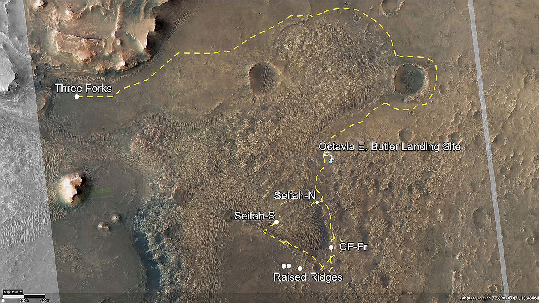 Figure 25: This annotated image of Jezero Crater depicts the routes for Perseverance's first science campaign (yellow hash marks) as well as its second (light-yellow hash marks), (image credit: NASA/JPL-Caltech/University of Arizona)