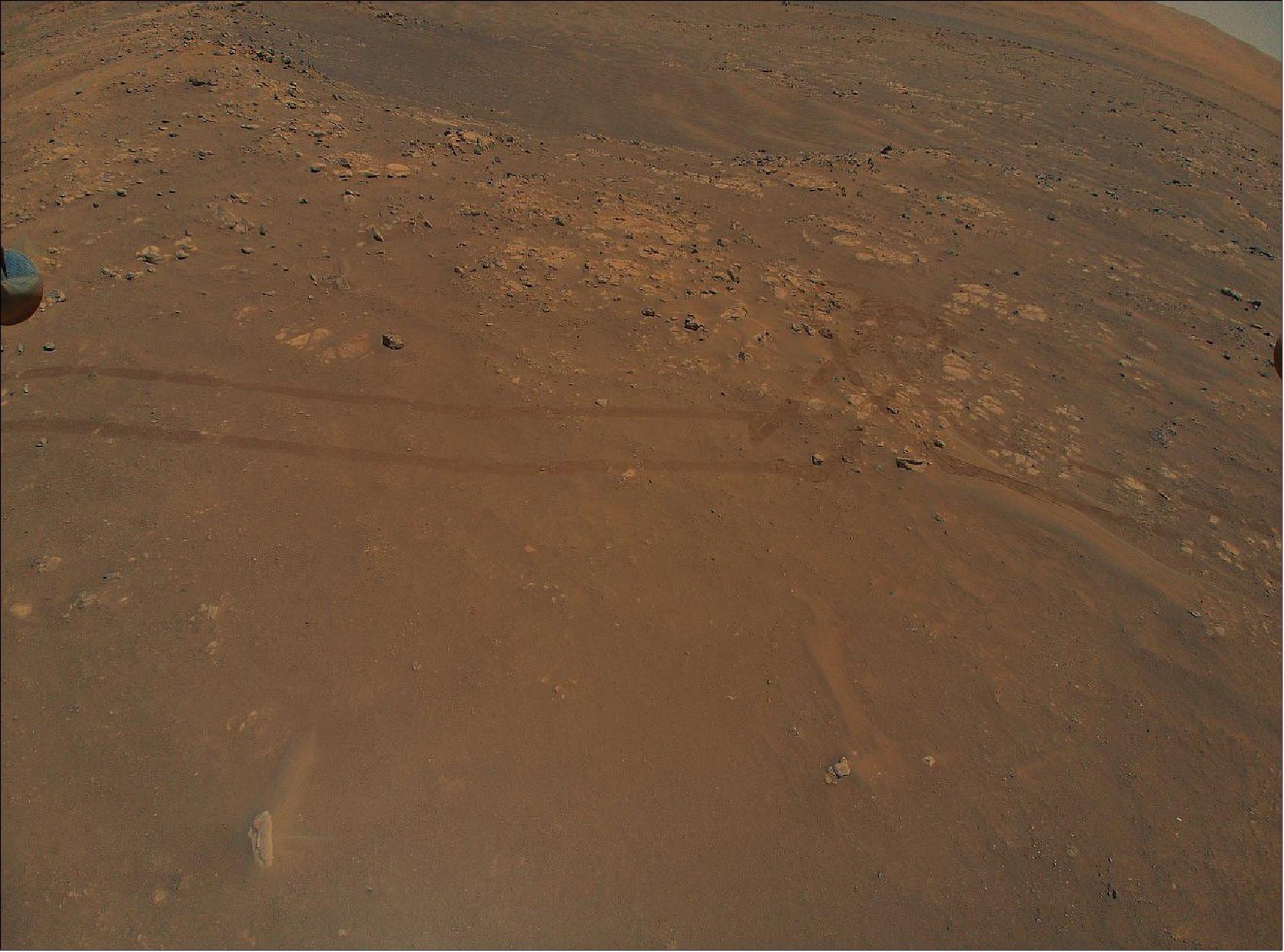 Figure 20: NASA's Ingenuity Mars Helicopter captured this image of tracks made by the Perseverance rover during its ninth flight, on July 5. A portion of the helicopter's landing gear can be seen at top left (image credit: NASA/JPL-Caltech)