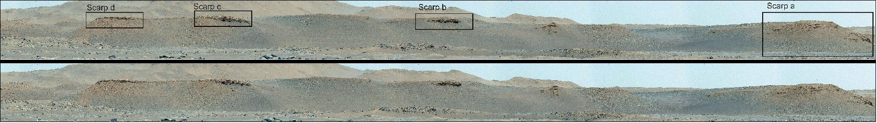 Figure 12: The top mosaic of Jezero Crater's river delta was stitched together from multiple images taken by the Mastcam-Z instrument aboard NASA's Perseverance rover on Apr. 17, 2021. The bottom annotated image highlights the location of four prominent long, steep slopes known as escarpments, or scarps (image credit: NASA/JPL-Caltech/ASU/MSSS)