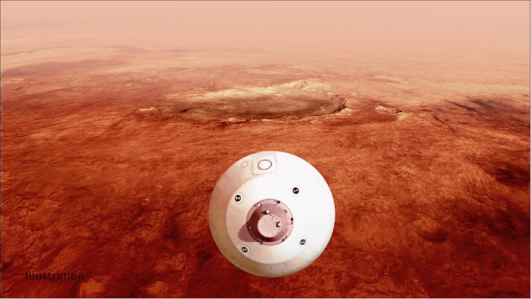 Figure 49: The aeroshell containing NASA's Perseverance rover guides itself toward the Martian surface as it descends through the atmosphere in this illustration. Hundreds of critical events must execute perfectly and exactly on time for the rover to land on Mars safely on Feb. 18, 2021. Full Image Details (image credit: NASA/JPL-Caltech)