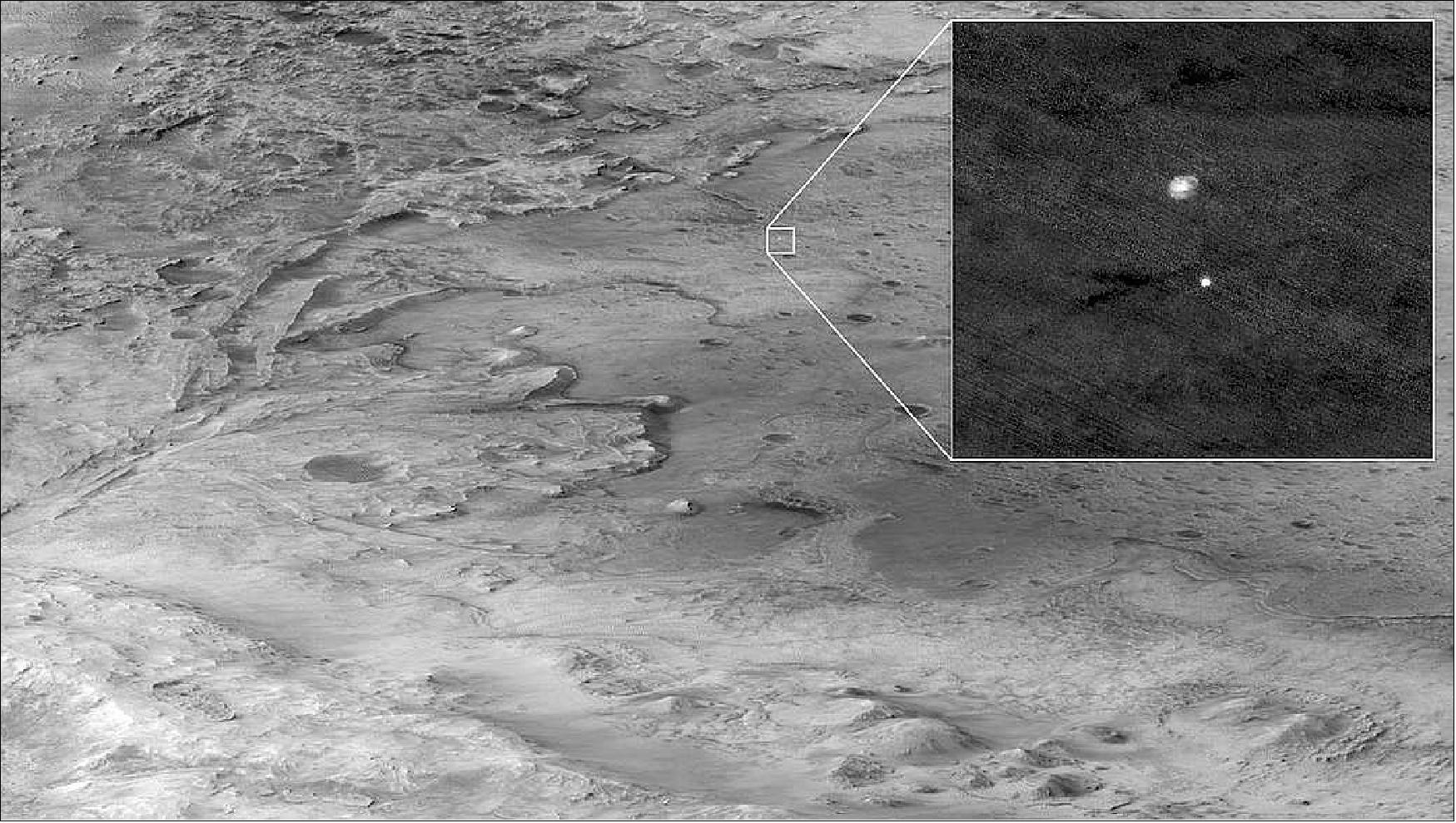 Figure 41: Landing site of Perseverance Rover on Mars. - The descent stage holding NASA's Perseverance rover can be seen falling through the Martian atmosphere, its parachute trailing behind, in this image taken on Feb. 18, 2021, by the High Resolution Imaging Experiment (HiRISE) camera aboard the Mars Reconnaissance Orbiter (image credit: NASA/JPL-Caltech)