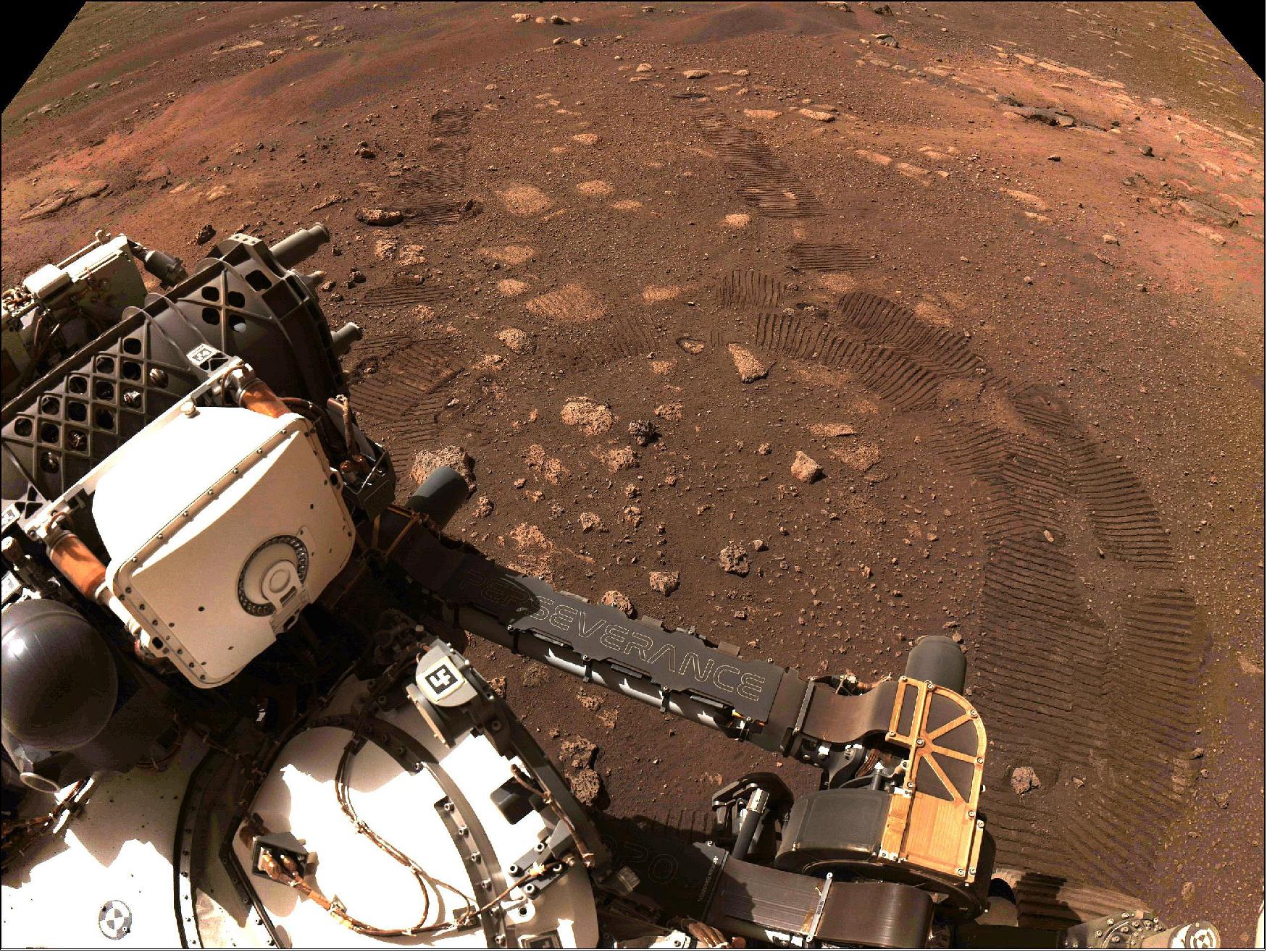 Figure 40: This image was taken during the first drive of NASA's Perseverance rover on Mars on March 4, 2021. This image was taken by the rover's Navigation Cameras (image credit: NASA/JPL-Caltech)