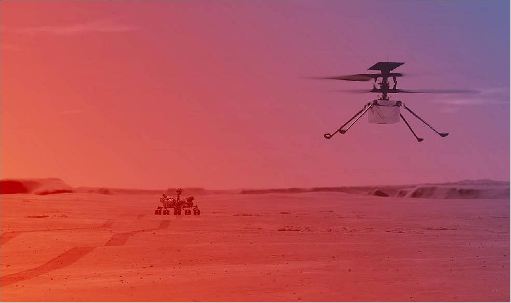 Figure 38: An illustration of NASA's Ingenuity Helicopter flying on Mars (image credit: NASA/JPL-Caltech)