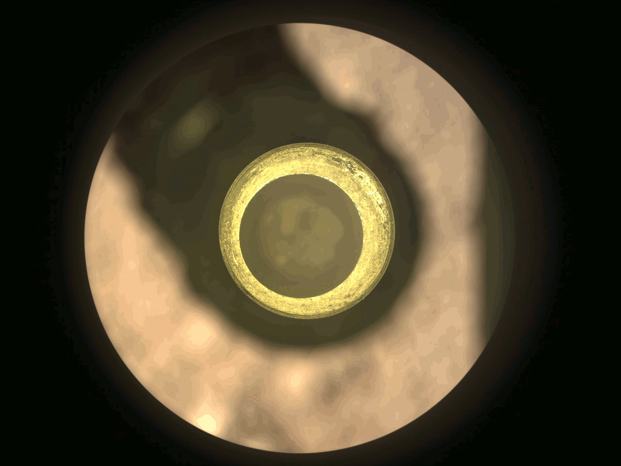 Figure 7: The first cored sample of Mars rock is visible (at center) inside a titanium sample collection tube in this from the Sampling and Caching System Camera (known as CacheCam) of NASA's Perseverance rover. The image was taken on Sept. 6, 2021 (the 194th sol, or Martian day, of the mission), prior to the system attaching and sealing a metal cap onto the tube (video credit: NASA/JPL-Caltech)