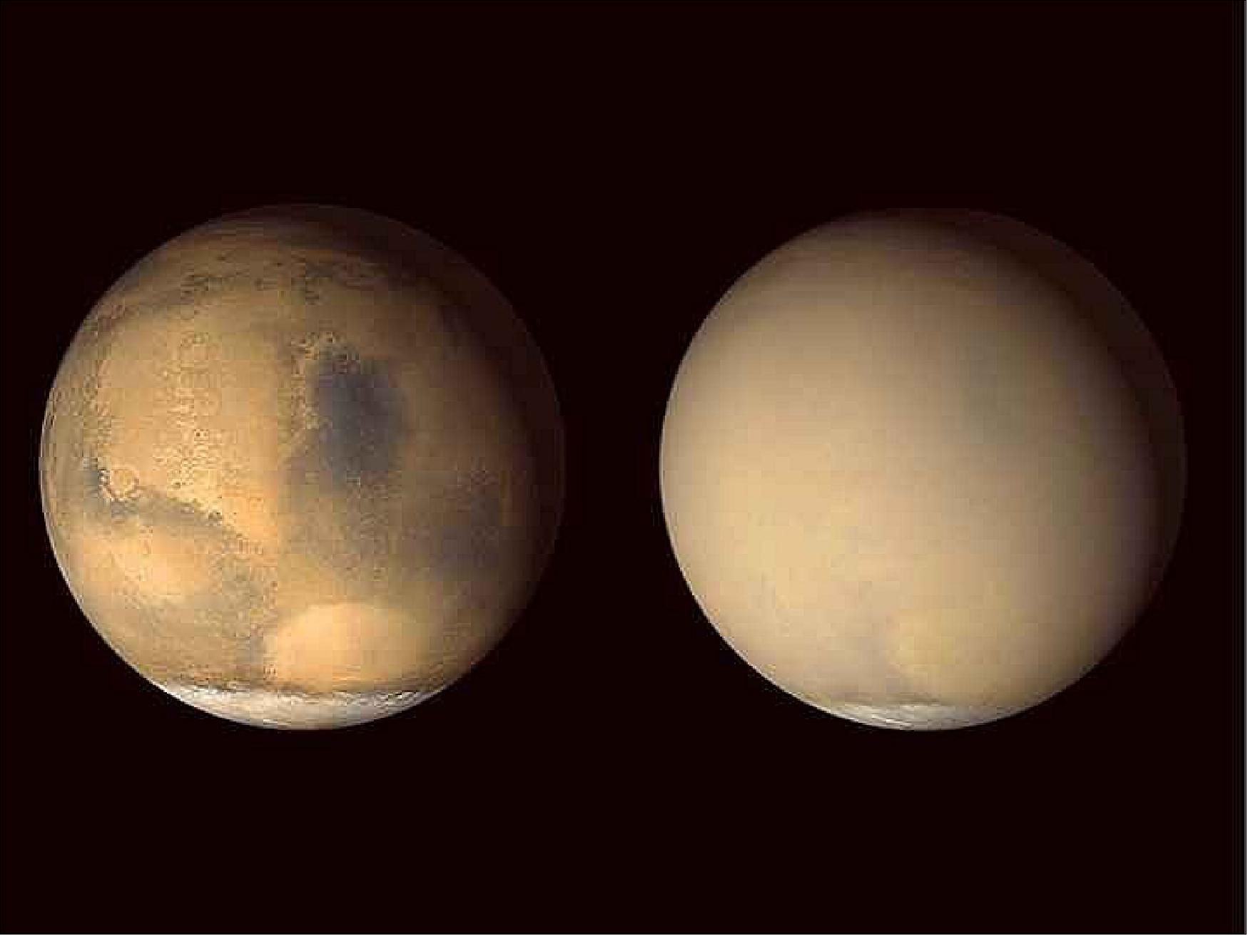 Figure 1: UH researchers found a link between Mars’ dust storms and its seasonal energy imbalance. Further studies could grant insight into how ancient climate change affected the Red Planet, perhaps even how Earth’s future may be shaped by climate change. At left, Mars in clear conditions; at right, Mars enveloped by a seasonal dust storm (photo credit: NASA / JPL / MSSS)
