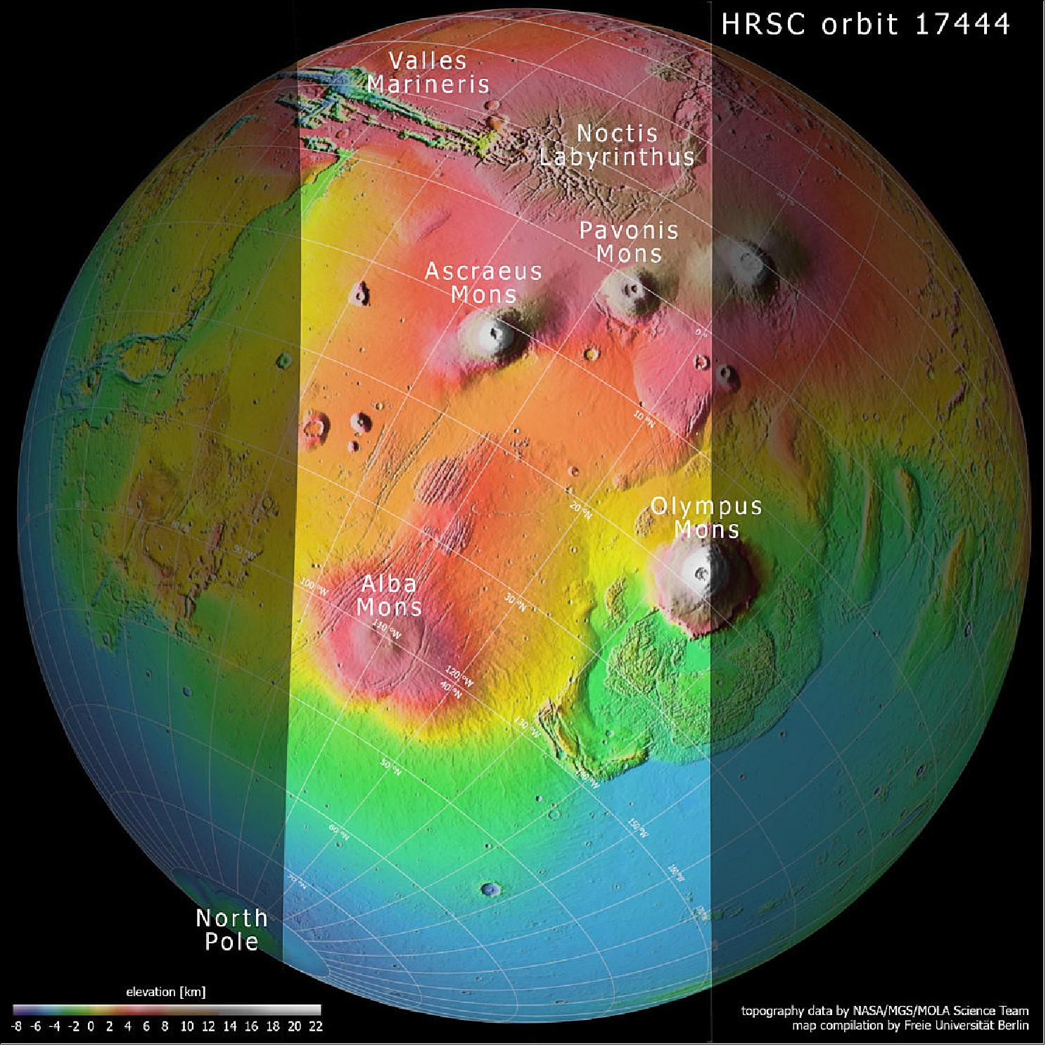 Figure 78: This context map is based on data from the MOLA (Mars Orbiter Laser Altimeter) experiment onboard NASA’s MGS (Mars Global Surveyor) mission. It shows the slice of Mars captured by the HRSC aboard ESA’s Mars Express spacecraft to celebrate the mission’s 15th anniversary: the intriguing and once-active Tharsis province (image credit: NASA/MGS/MOLA Science Team, FU Berlin)