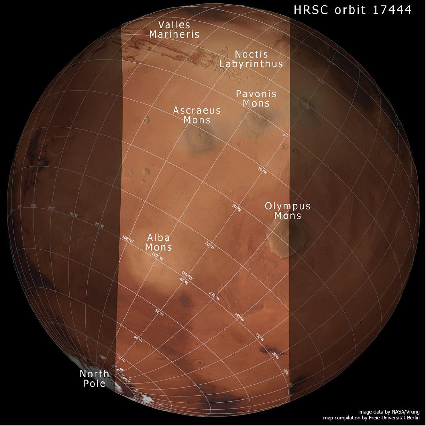 Figure 77: This map is based on data from NASA’s Viking mission. It shows the slice of Mars captured by the HRSC aboard ESA’s Mars Express spacecraft to celebrate the mission’s 15th anniversary: the intriguing and once-active Tharsis province. Included in this labelled view is the extensive canyon system of Valles Marineris, the web-like system of fissures comprising Noctis Labyrinthus, four volcanoes, and the northern polar cap (image credit: NASA/Viking, FU Berlin) 36)