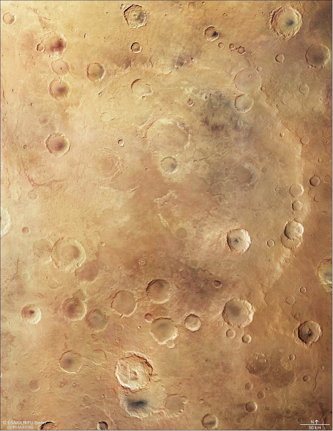 Figure 70: This image shows the landscape in and around Greeley crater, a degraded impact crater in the southern highlands of Mars. This color image was created using data from the nadir channel, the field of view which is aligned perpendicular to the surface of Mars, and the camera’s color channels (image credit: ESA/DLR/FU Berlin, CC BY-SA 3.0 IGO) 30)