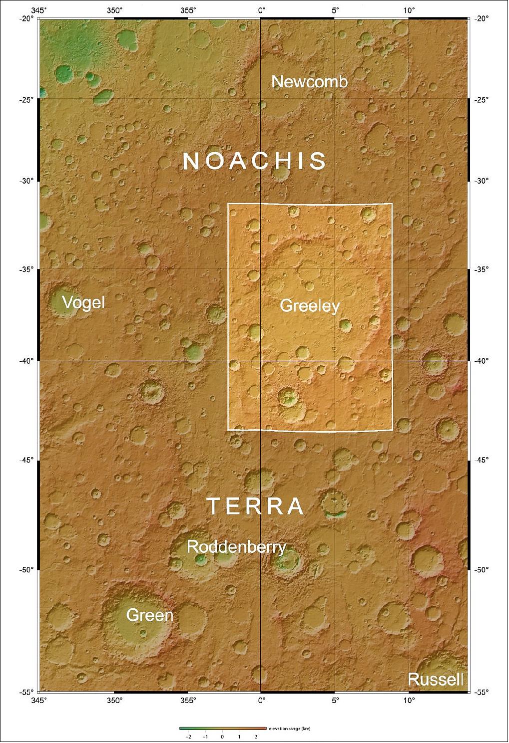 Figure 69: The Greeley crater is a degraded impact crater in the Southern Highlands of Mars. The region outlined by the larger white box indicates the area imaged over 16 Mars Express orbits (0430, 1910, 1932, 2412, 2467, 2478, 4306, 4317, 4328, 6556, 8613, 8620, 8708, 12835, 14719, 16778). In this context image, north is up (image credit: NASA MGS MOLA Science Team) 29)