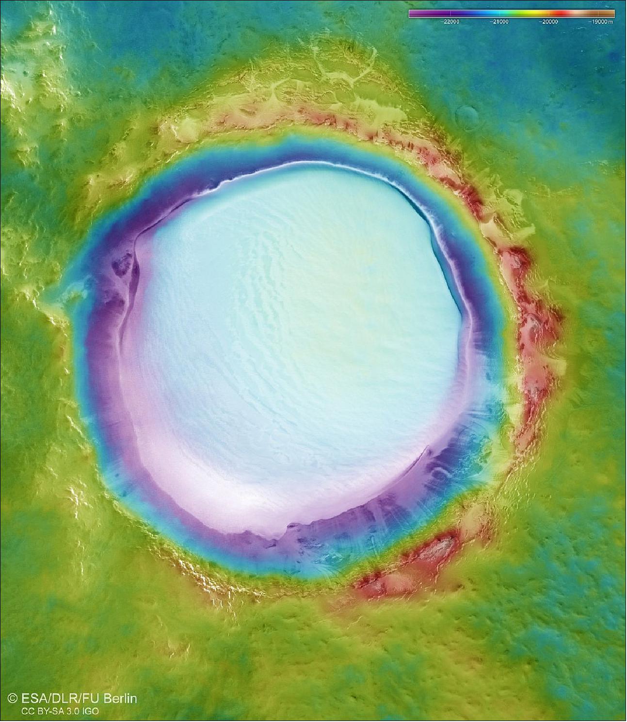 Figure 62: Topography of the Korolev crater. This color-coded topographic view shows the relative heights of the terrain in and around the Korolev crater, an ice-filled crater in the northern lowlands of Mars. Lower parts of the surface are shown in blues and purples, while higher-altitude regions show up in whites, browns, and reds, as indicated on the scale to the top right. The crater’s thick deposit of ice can be seen at the center of the frame. This view is based on a digital terrain model of the region, from which the topography of the landscape can be derived. It comprises data obtained by the HRSC on Mars Express over orbits 18042 (captured on 4 April 2018), 5726, 5692, 5654, and 1412.It covers a region centered at 165º E, 73º N, and has a resolution of ~ 21 m/pixel (image credit: ESA/DLR/FU Berlin, CC BY-SA 3.0 IGO)