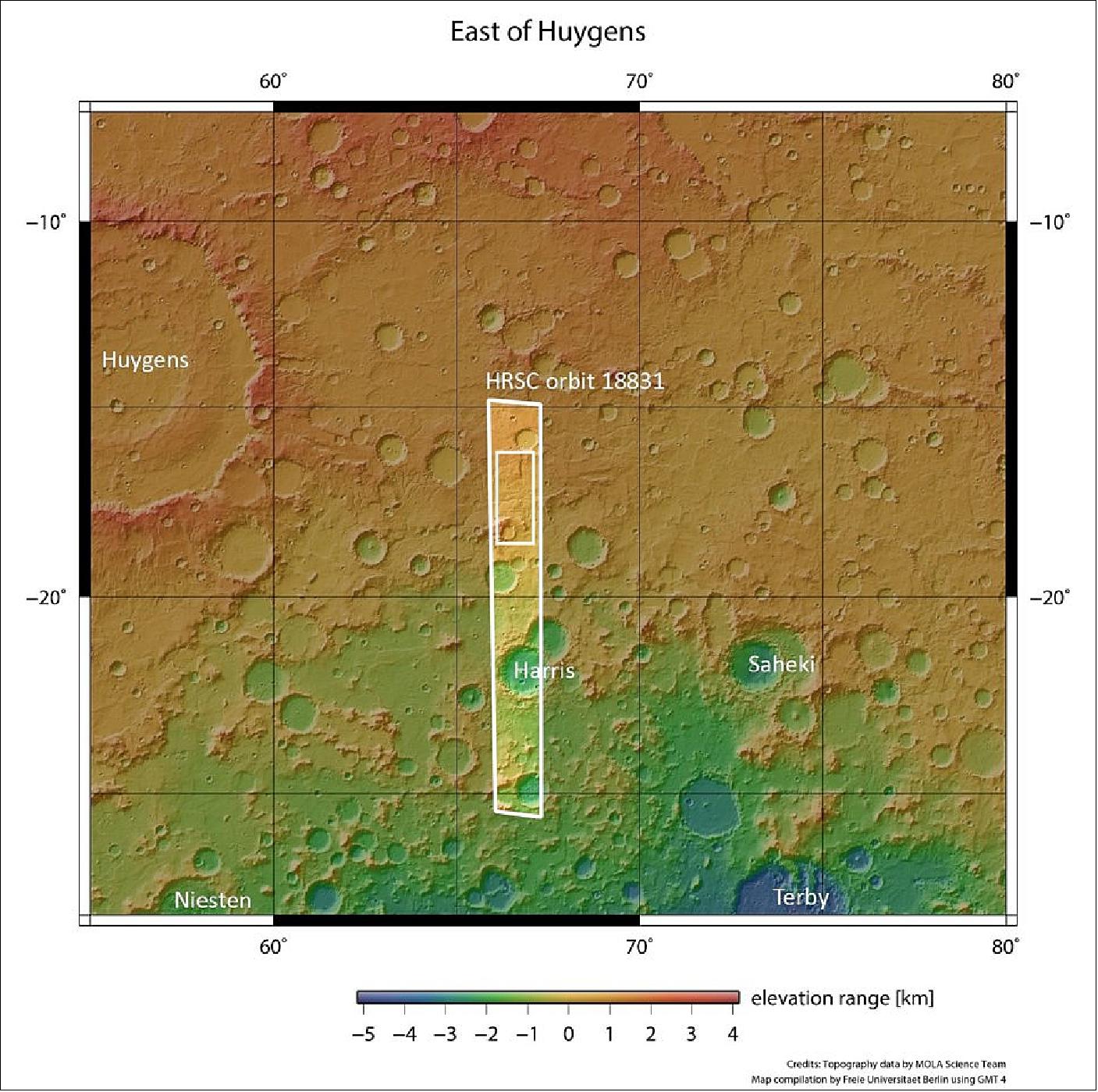 Figure 55: This image shows the landscape in and around a network of dried-up valleys on Mars. The region outlined by the bold white box indicates the area imaged by the Mars Express High Resolution Stereo Camera on 19 November 2018 during orbit 18831. The different colors across the frame represent the elevation of the terrain, as indicated by the bar at the bottom (image credit: Topography: NASA MGS MOLA Science Team; Map compilation: Freie Universitat Berlin)