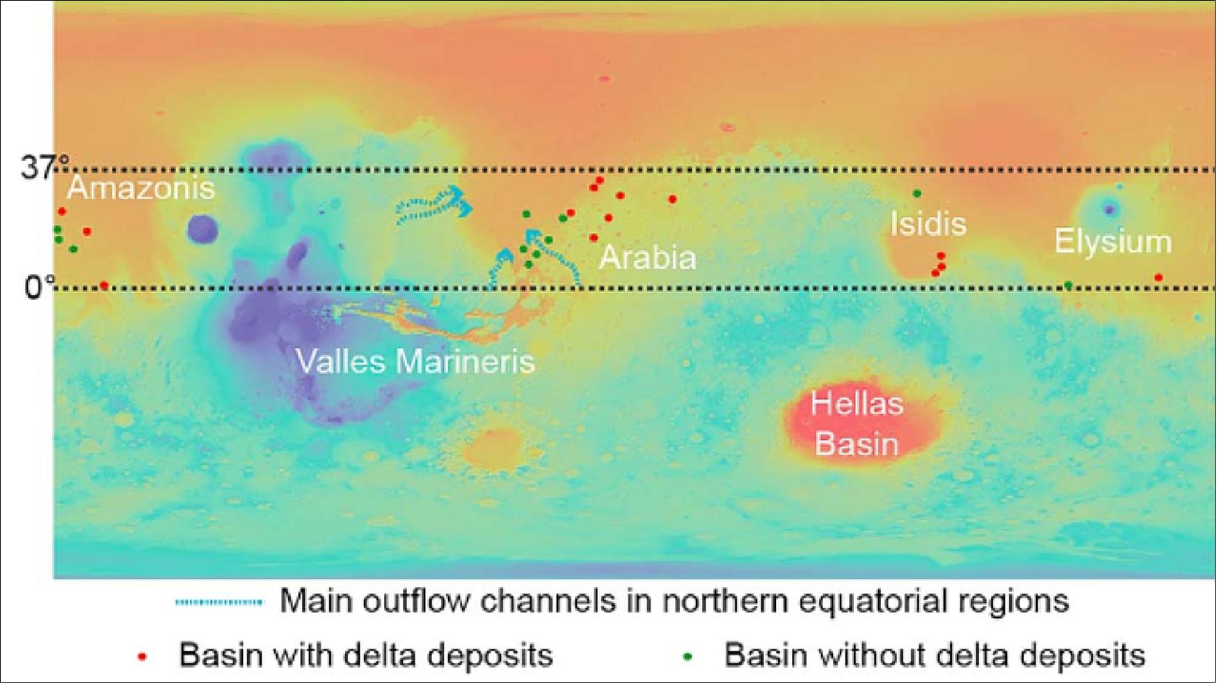 Figure 52: This image shows the distribution of a number of deep craters (marked as dots) recently explored as part of a study into groundwater on Mars. The background image is shown in colors representing topography: reds and oranges are lower elevations, and blues and greens are higher ones. The study found that the floors of the basins, which sit over 4000 m deep, show signs of past water – the first geological evidence that the Red Planet once had a system of interconnected groundwater-fed lakes that spanned the entire planet [image credit: Topography: NASA/MGS/MOLA; Crater distribution: F. Salese et al (2019)]