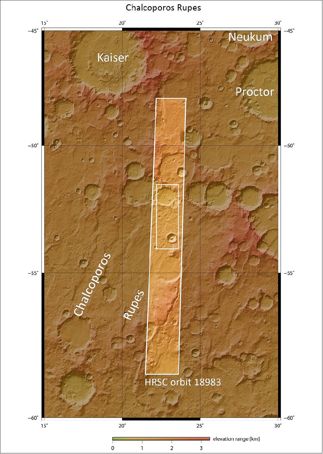 Figure 47: This image shows part of the Noachis quadrangle on Mars: Chalcoporos Rupes. The region outlined by the bold white box indicates the area imaged by the Mars Express High Resolution Stereo Camera on 3 January 2019 during Mars Express Orbit 18983. The ground resolution is approximately 13 m/pixel and the images are centered at about 23º East and 53º South (image credit: ESA/DLR/FU Berlin, CC BY-SA 3.0 IGO)