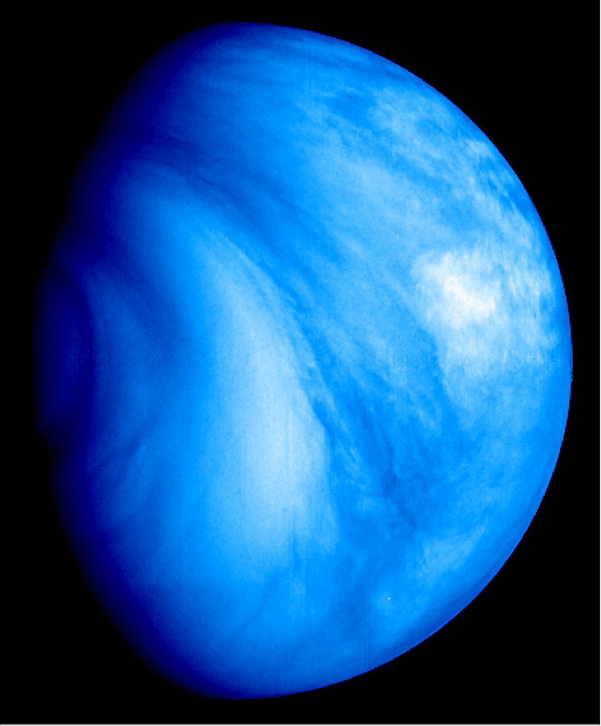 Figure 38: Appearances can be deceiving. This thick, cloud-rich atmosphere rains sulfuric acid and below lie not oceans but a baked and barren lava-strewn surface. Welcome to Venus. The second planet from the Sun is often coined Earth's ‘evil twin' on account of it being almost the same size but instead plagued with a poisonous atmosphere of carbon dioxide and a sweltering 470ºC surface. Its high pressure and temperature is hot enough to melt lead and destroy the spacecraft that dare to land on it. Thanks to its dense atmosphere, it is even hotter than planet Mercury, which orbits closer to the Sun (image credit: ESA/MPS/DLR-PF/IDA) 13)