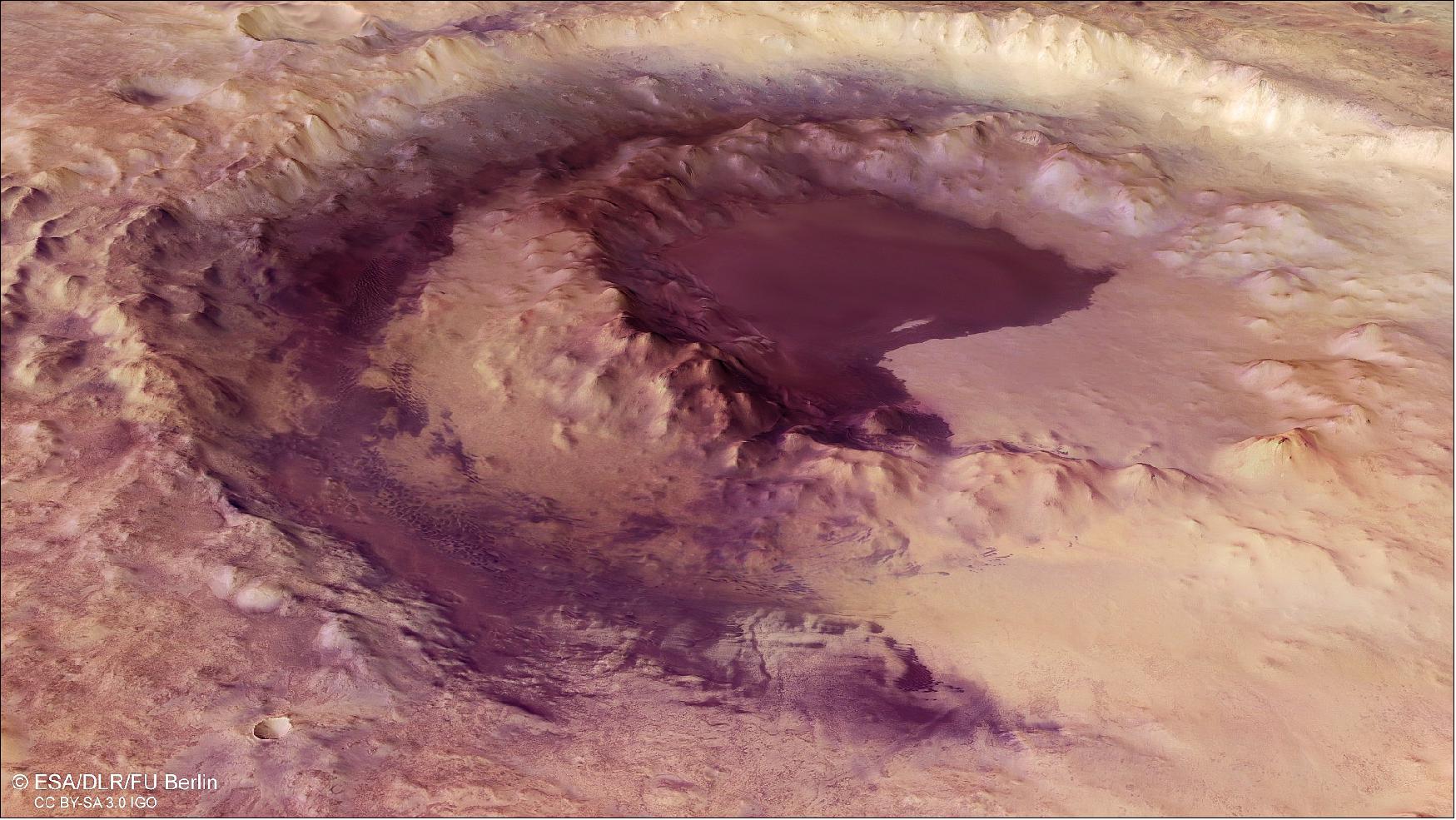 Figure 35: This image from ESA's Mars Express shows Lowell crater on Mars. This oblique perspective view was generated using a digital terrain model and Mars Express data gathered during orbits 2640, 2662, 2684, 16895, 18910, 18977, and 18984 by the spacecraft's High Resolution Stereo Camera (HRSC). The ground resolution is approximately 50 m/pixel and the images cover a region from 274.5º to 283º East and 49º to 54.5º South. This image was created using data from the nadir and color channels of the HRSC. The nadir channel is aligned perpendicular to the surface of Mars, as if looking straight down at the surface (image credit: ESA/DLR/FU Berlin, CC BY-SA 3.0 IGO)