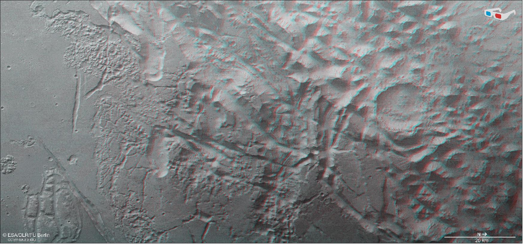Figure 33: This image shows Aurorae Chaos, a large area of chaotic terrain located in the Margaritifer Terra region on Mars, in 3D when viewed using red-green or red-blue glasses. This anaglyph was derived from data obtained by the nadir and stereo channels of the High Resolution Stereo Camera (HRSC) on ESA's Mars Express during spacecraft orbit 18765. It covers a part of the martian surface centered at about 327ºE/11ºS. North is to the right (image credit: ESA/DLR/FU Berlin, CC BY-SA 3.0 IGO)