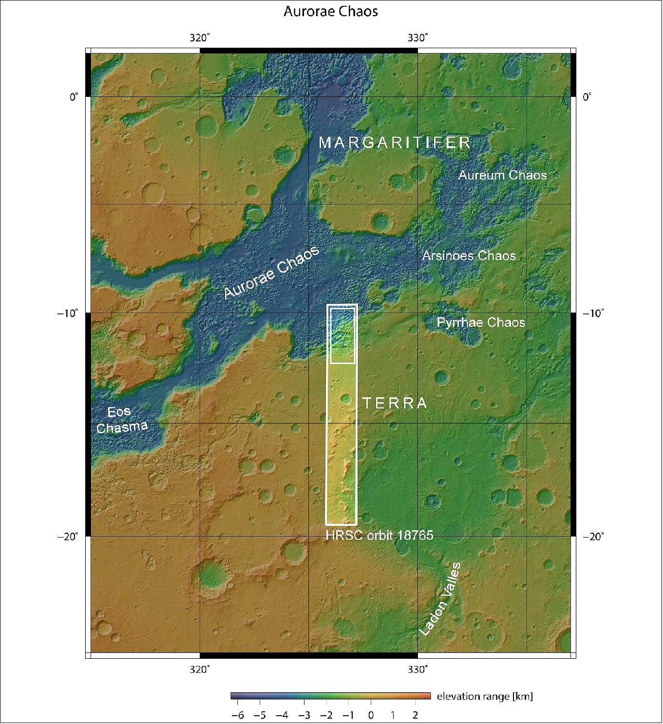 Figure 30: Aurorae Chaos in context. This image shows Aurorae Chaos, a large area of chaotic terrain located in the Margaritifer Terra region on Mars. The region outlined by the bold white box indicates the area imaged by the Mars Express High Resolution Stereo Camera on 31 October 2018 during orbit 18765 (image credit: NASA MGS MOLA Science Team)