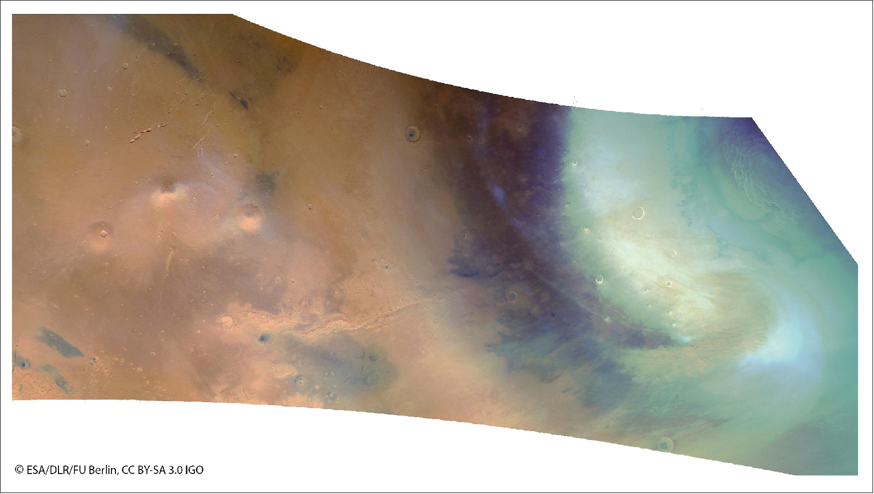 Figure 26: Spiral dust storm on Mars. This image was taken by the High Resolution Stereo Camera on 26 May and covers an area of about two thousand by five thousand kilometers (image credit: ESA/DLR/FU Berlin, CC BY-SA 3.0 IGO)