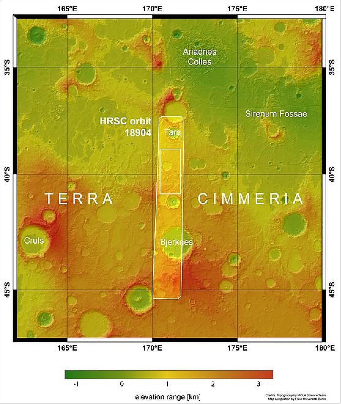 Figure 23: Terra Cimmeria in context. This image shows Terra Cimmeria, a region found in the southern highlands of Mars. The area outlined by the bold white box indicates the area imaged by the Mars Express High Resolution Stereo Camera on 11 December 2018 during orbit 18904 (image credit: NASA MGS MOLA Science Team)