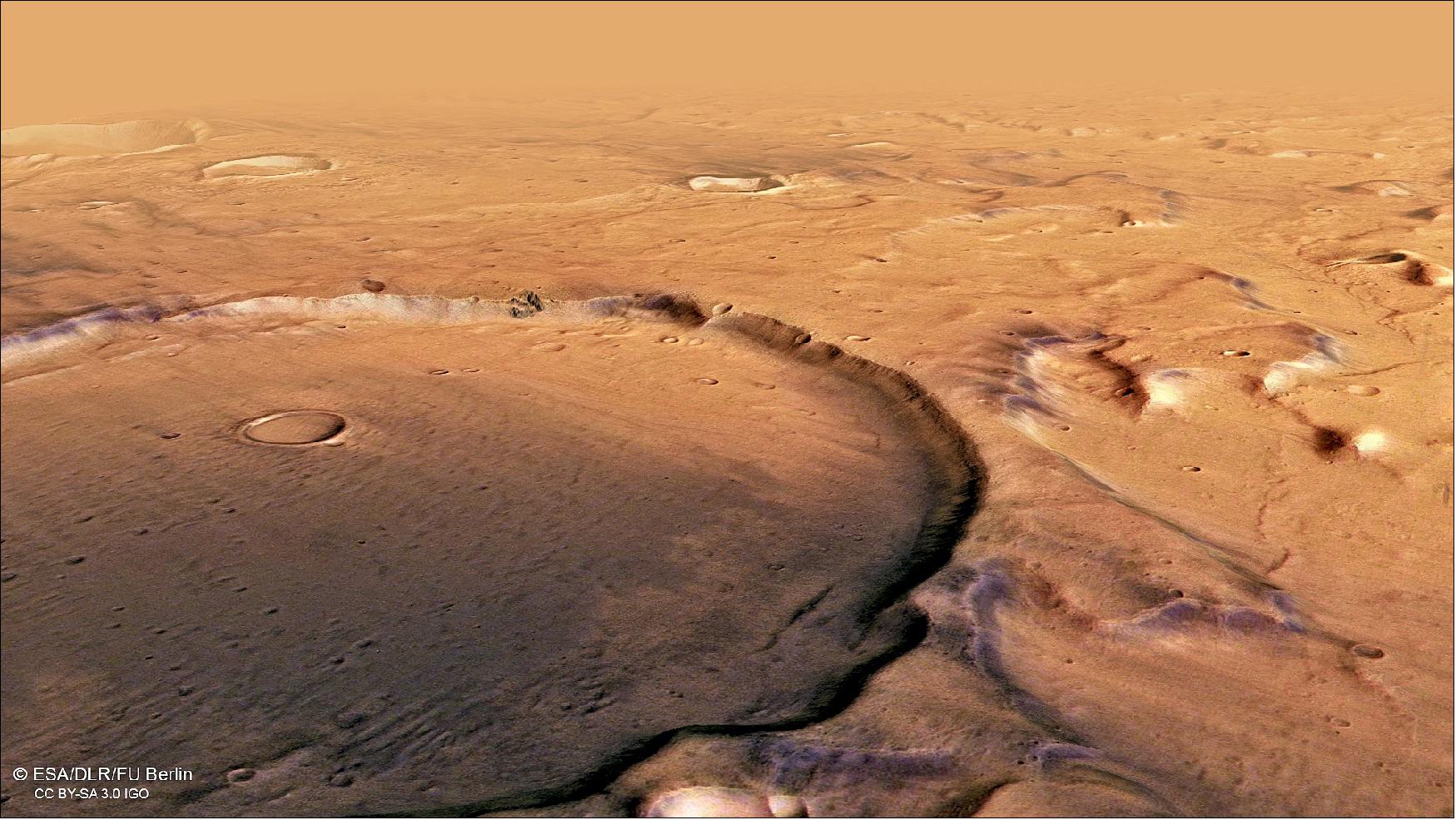 Figure 21: Perspective view of Terra Cimmeria. This image from ESA's Mars Express shows Terra Cimmeria, a region found in the southern highlands of Mars. This oblique perspective view was generated using a digital terrain model and Mars Express data gathered on 11 December 2018 during Mars Express Orbit18904. The ground resolution is approximately 13 meters per pixel and the images are centered at about 171º East and 40º South. This image was created using data from the nadir and color channels of the HRSC. The nadir channel is aligned perpendicular to the surface of Mars, as if looking straight down at the surface (image credit: ESA/DLR/FU Berlin, CC BY-SA 3.0 IGO)