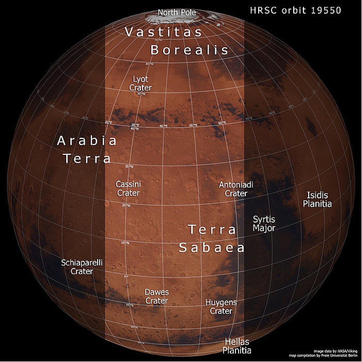 Figure 19: A slice of Mars in context: Terra Sabaea and Arabia Terra. This image shows a slice of the Red Planet from the northern polar cap downwards, and highlights cratered, pockmarked swathes of the Terra Sabaea and Arabia Terra regions. The area outlined in the center of the image indicates the area imaged by the Mars Express High Resolution Stereo Camera on 17 June 2019 during orbit 19550. This context map is based on data gathered by NASA's Viking and Mars Global Surveyor missions (image credit: NASA/Viking, FU Berlin)