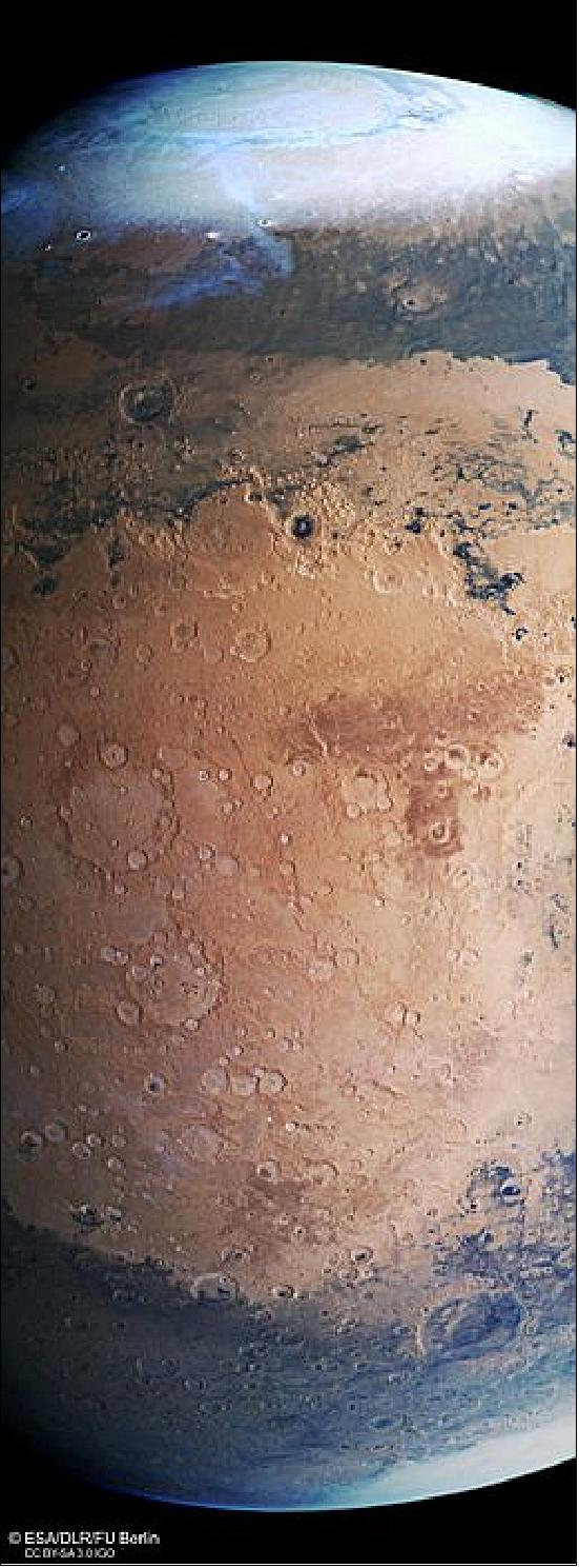 Figure 17: This image from ESA's Mars Express shows a beautiful slice of the Red Planet from the northern polar cap downwards, and highlights cratered, pockmarked swathes of the Terra Sabaea and Arabia Terra regions. It comprises data gathered on 17 June 2019 during orbit 19550. The ground resolution at the center of the image is approximately 1 km/pixel and the images are centered at about 44ºE/26ºN. This image was created using data from the nadir and color channels of the HRSC. The nadir channel is aligned perpendicular to the surface of Mars, as if looking straight down at the surface. North is up (image credit: ESA/DLR/FU Berlin, CC BY-SA 3.0 IGO)