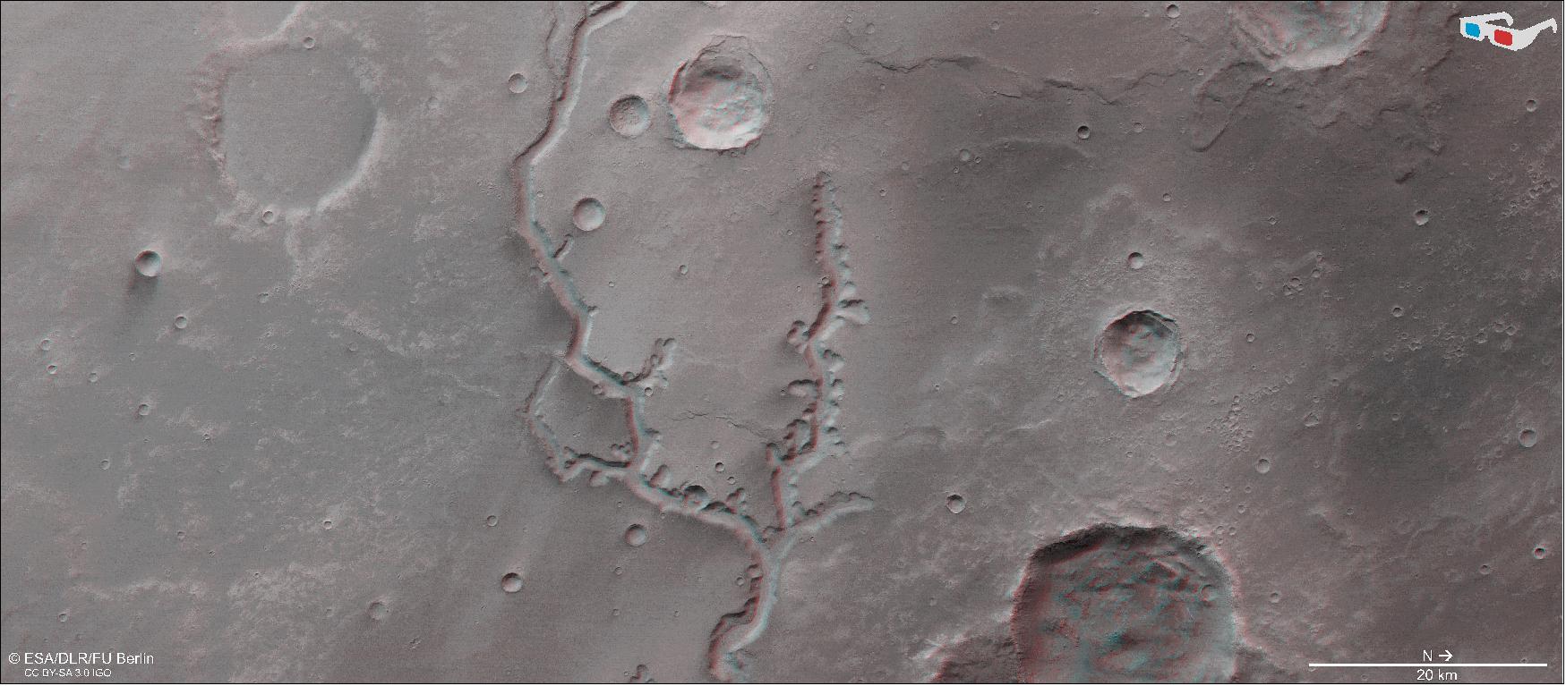 Figure 16: Nirgal Vallis in 3D. This image shows Nirgal Vallis, a dried-up river valley on Mars, in 3D when viewed using red-green or red-blue glasses. This anaglyph was derived from data obtained by the nadir and stereo channels of the HRSC on ESA's Mars Express during spacecraft orbit 18818. It covers a part of the martian surface centered at about 315ºE/27ºS. North is to the right (image credit: ESA/DLR/FU Berlin, , CC BY-SA 3.0 IGO)