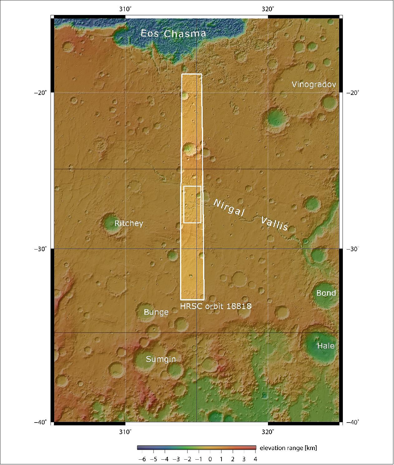 Figure 13: Nirgal Vallis in context. This image shows a dried-up river valley on Mars named Nirgal Vallis. The area outlined by the bold white box indicates the area imaged by the Mars Express High Resolution Stereo Camera on 16 November 2018 during orbit 18818 (image credit: NASA MGS MOLA Science Team)