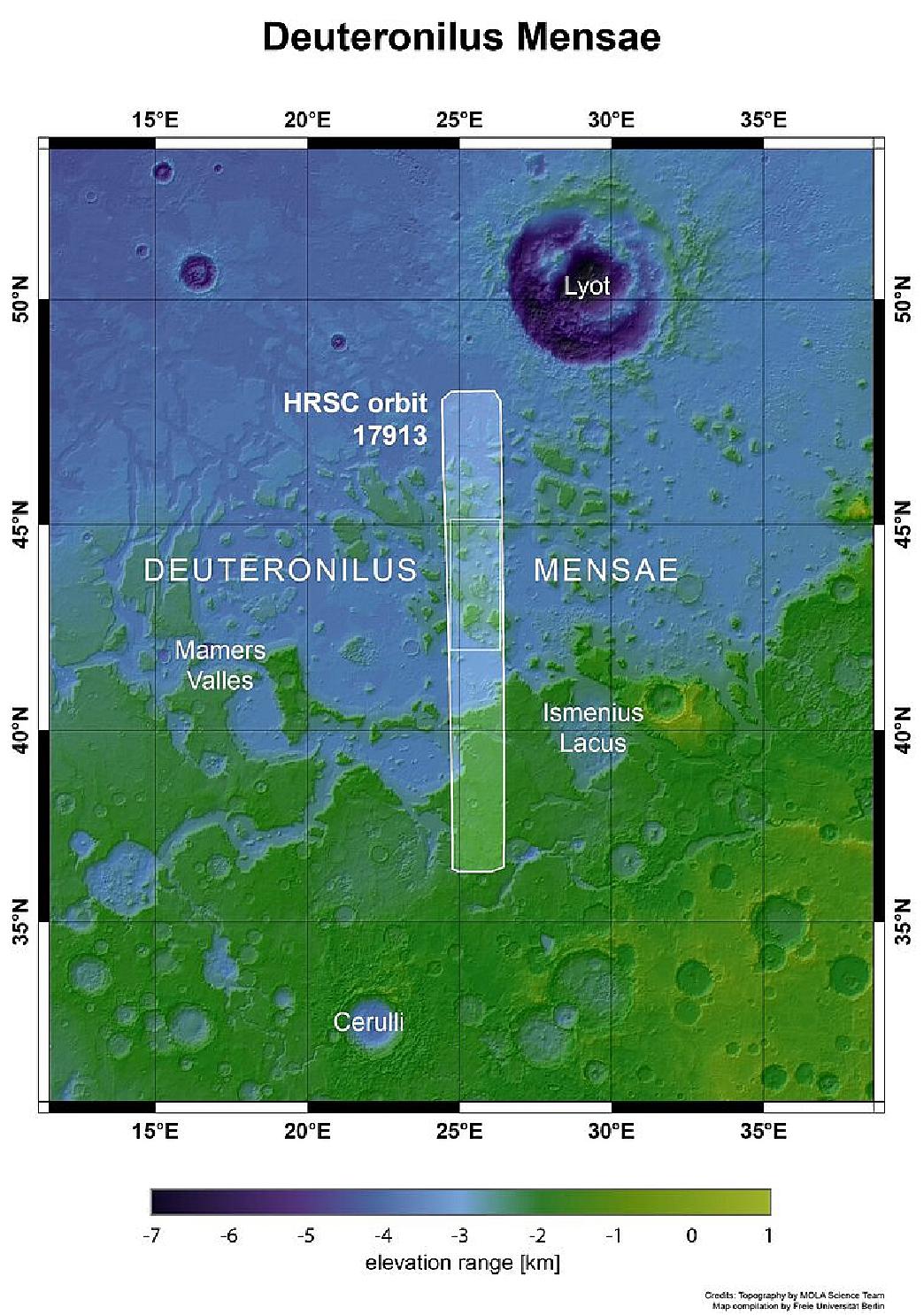 Figure 4: This image shows a region of Mars named Deuteronilus Mensae. The area outlined by the bold white box indicates the area imaged by the Mars Express High Resolution Stereo Camera on 25 February 2018 during orbit 17913 (image credit: NASA MGS MOLA Science Team)