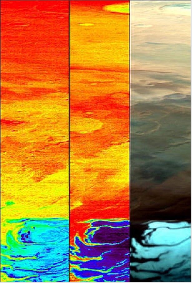 Figure 88: OMEGA image of the southern polar cap of Mars acquired on 18 January 2004,in all three bands. At right is the visible image; in the middle is carbon dioxide ice; at left is water ice. The two types of ice are mixed in some areas but distinct in others (image credit: ESA/IAS, Orsay; J-P. Bibring)