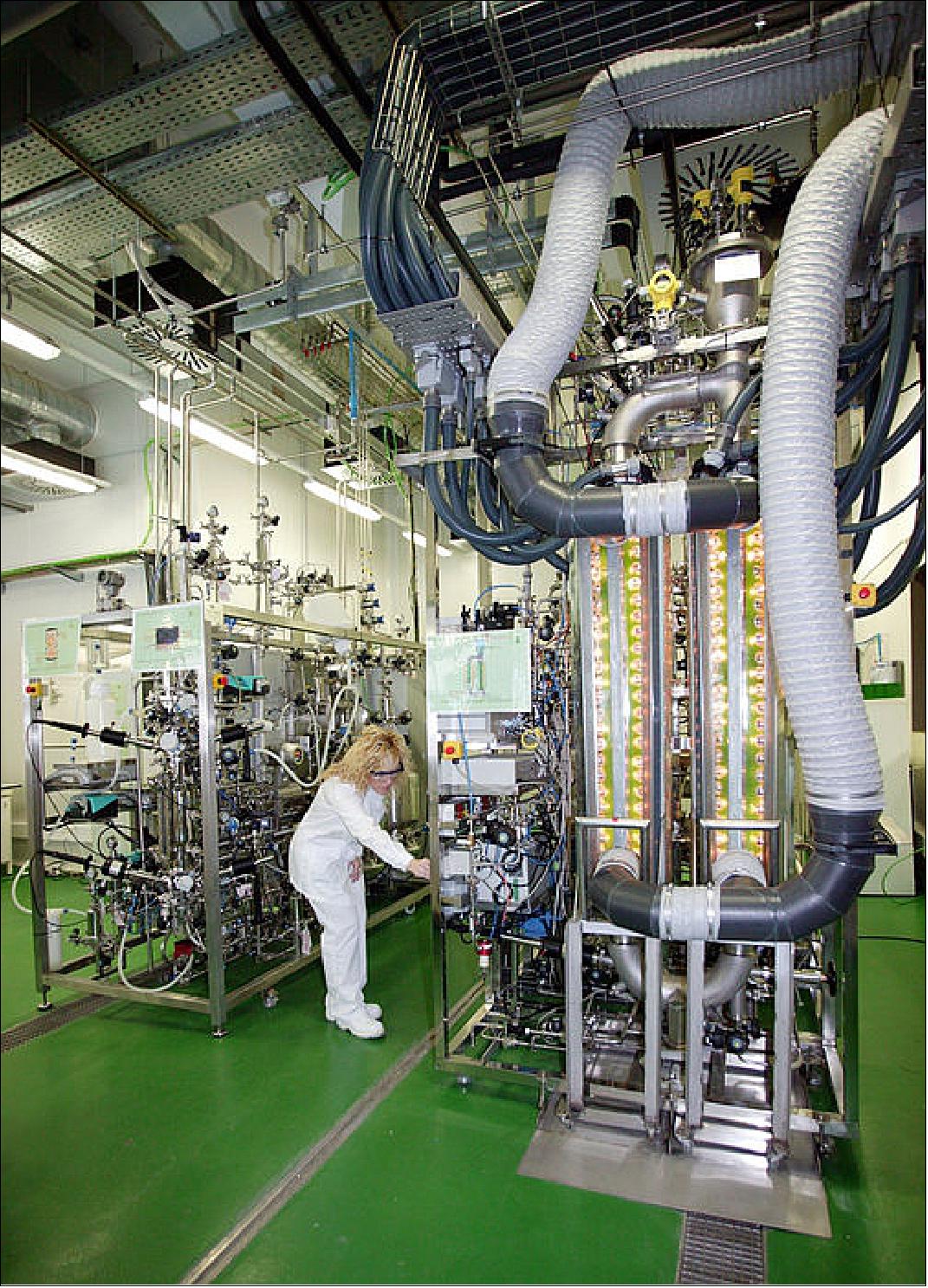 Figure 10: A view inside the MELiSSA pilot plant at the University Autònoma of Barcelona (UAB). The facility, with a room size of 200 m2, was inaugurated on 4 June 2009 by Spanish Minister for Science and Innovation Cristina Garmendia, ESA Director General Jean-Jacques Dordain and University rector Ana Ripoll. MELiSSA is investigating ways of producing food, water and oxygen on long manned space missions with limited supplies. The goal is to support the human exploration of the Solar System, as well as meeting pressing challenges on Earth (image credit: UAB)