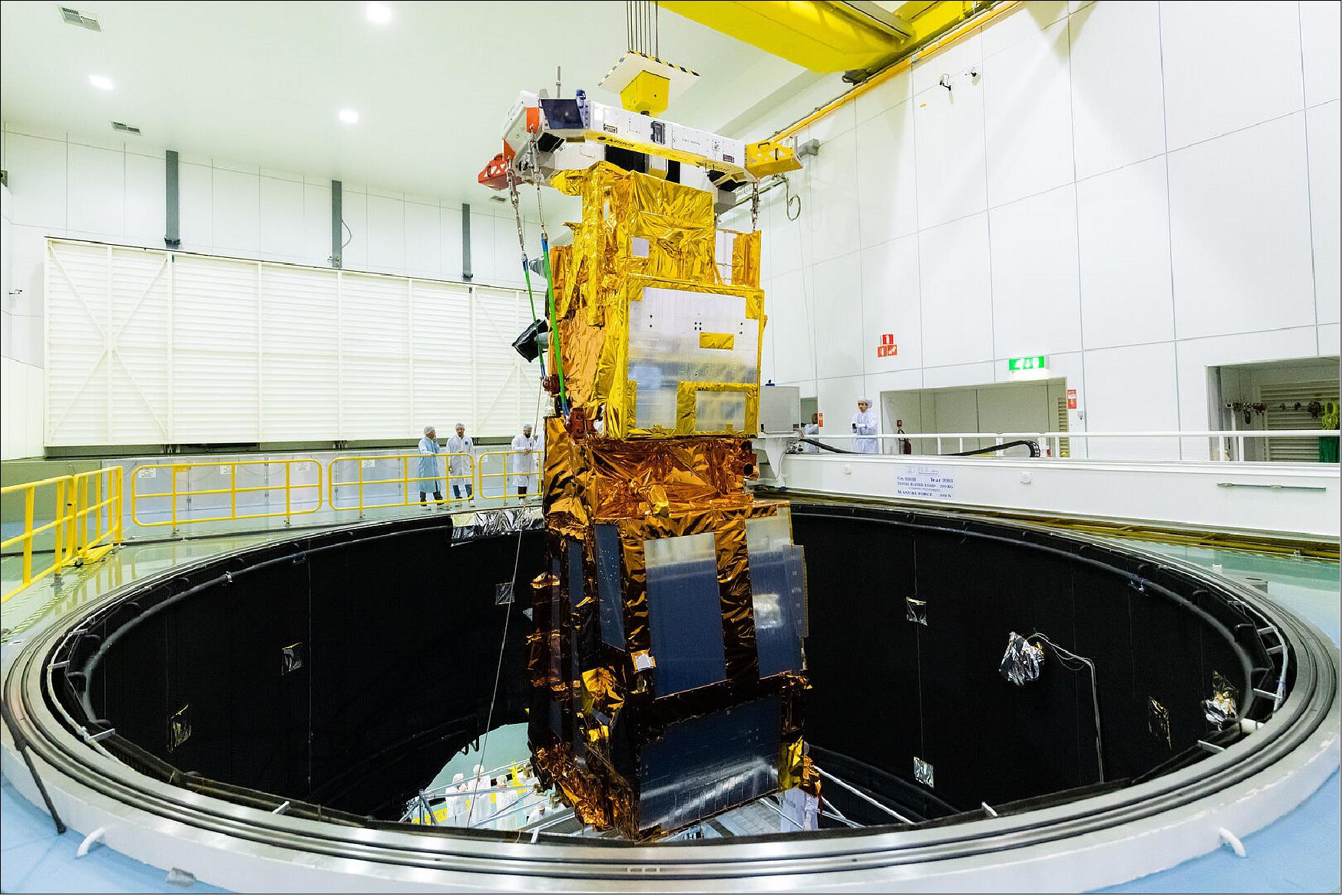 Figure 7: MetOp -SG structural and thermal model being lowered into ESA's LSS (Large Space Simulator), the largest vacuum chamber in Europe, ahead of thermal vacuum testing during summer 2019 (image credit: ESA, SJM Photography)