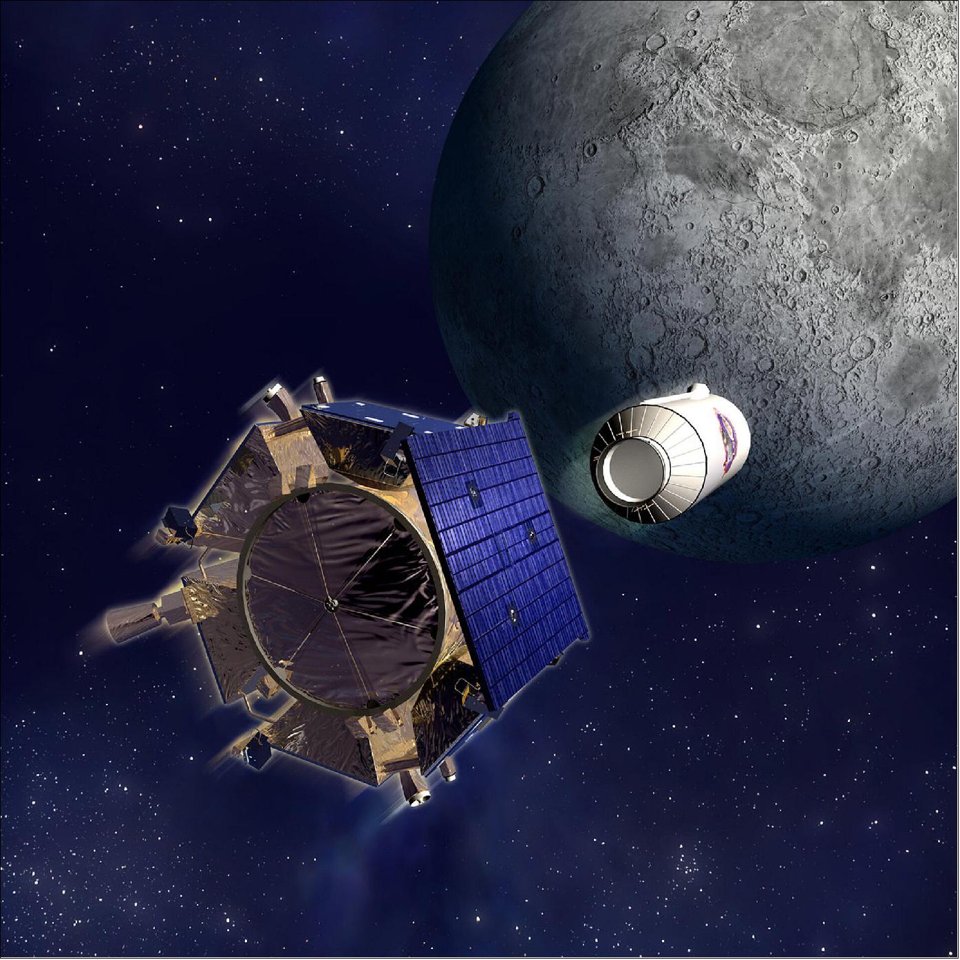 Figure 5: NASA's LCROSS impacting the Moon. In 2009 NASA's LCROSS mission deployed a Centaur upper stage to intentionally impact the Moon before going on to crash into the lunar surface itself. The resulting debris plumes were observed from Earth, revealing water ice and other volatiles (image credit: NASA)