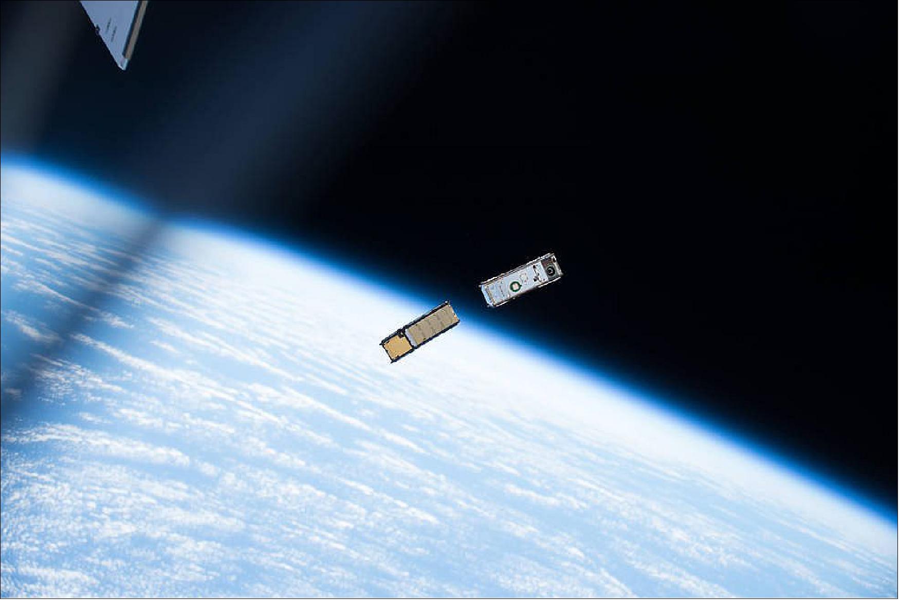 Figure 5: NASA’s Entrepreneur’s Challenge awarded 10 startup companies awards for innovative technology concepts, including those that could improve onboard systems on small satellites. Such satellites are often no larger than a loaf of bread, such as the CubeSats shown here as they were deployed from the International Space Station on May 16, 2017 (image credit: NASA)