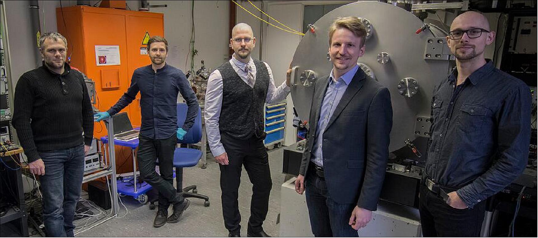 Figure 4: The company team includes Daniel Bock (CEO), István Lörincz (CBO), Christian Schunk (CTO), Christian Boy (Head of Production), Philipp Laufer (Head of R&D) and Prof. Martin Tajmar (Advisor), [image of the Morpheus Space team at ESA Investment Forum]
