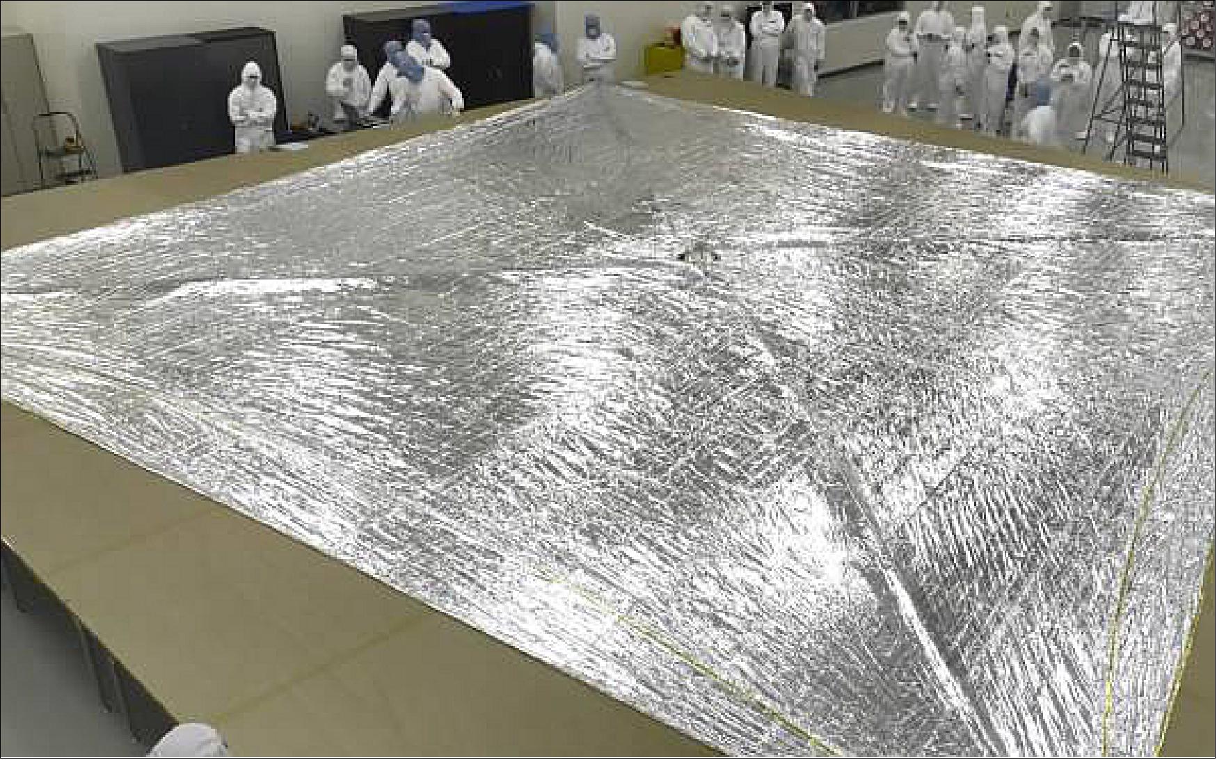 Figure 9: The fully-deployed NEA Scout solar sail undergoing its final pre-flight checkout (image credit: NASA, NEA Scout Team)