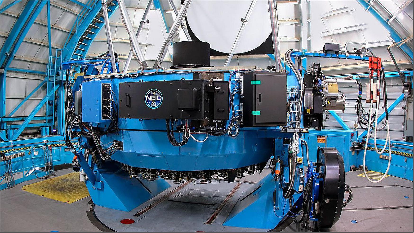 Figure 1: Radial velocity is a method for finding planets around other stars by looking for the gravitational tug of those planets on their parent stars. NEID, shown here mounted on the 3.5-meter WIYN telescope at the Kitt Peak National Observatory, is a cutting edge-radial velocity instrument (image credit: NSF’s National Optical-Infrared Astronomy Research Laboratory/KPNO/NSF/AURA)