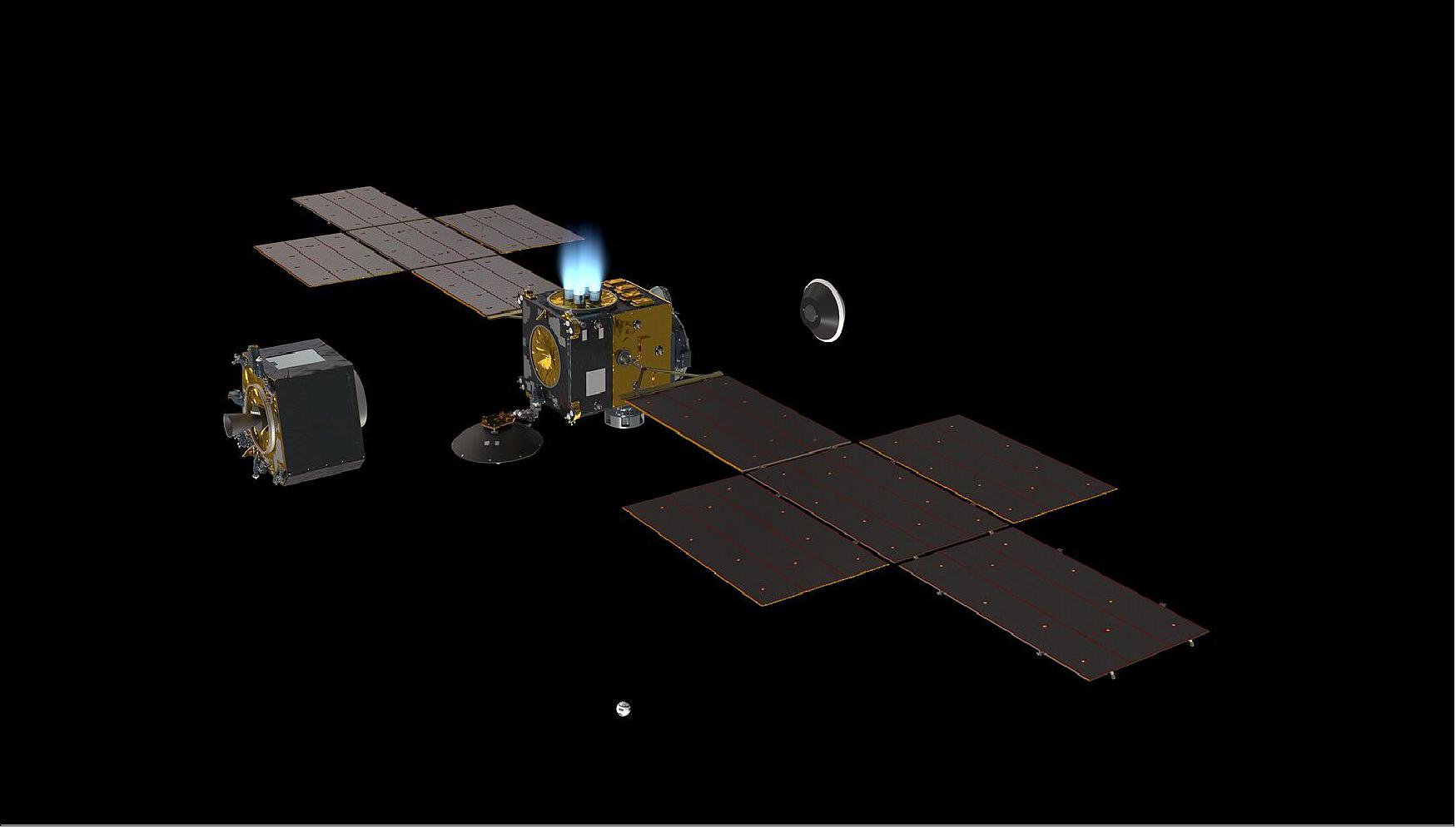 Figure 5: An artist's impression of ESA’s Earth Return Orbiter spacecraft that is part of the Mars Sample Return series of missions to bring back samples from Mars. The image shows the elements of Earth Return Orbiter. Including the basketball-sized container with samples from Mars, the Orbit Insertion Module – a chemical propulsive stage for inserting the spacecraft into Mars orbit that is ejected to save mass on the return to Earth – and the Earth entry capsule that will splash down on Earth. - The Mars Sample Return campaign will need three launches from Earth to accomplish landing, collecting, storing and finding samples and delivering them to Earth. A NASA launch will send the Sample Return Lander mission to land a platform near the Mars 2020 site. From here, a small ESA rover – the Sample Fetch Rover – will head out to retrieve the cached samples. - Once it has collected them in what can be likened to an interplanetary treasure hunt, it will return to the lander platform and load them into a single large canister on the Mars Ascent Vehicle (MAV). This vehicle will perform the first liftoff from Mars and carry the container into Mars orbit. - ESA’s Earth Return Orbiter is the last mission of the Mars Sample Return campaign, timed to capture the basketball-size sample container orbiting Mars. The samples will be sealed in a biocontainment system to prevent contaminating Earth with unsterilized material before being moved into an Earth entry capsule. The spacecraft will then return to Earth, where it will release the entry capsule for the samples to end up in a specialized handling facility (image credit: ESA)