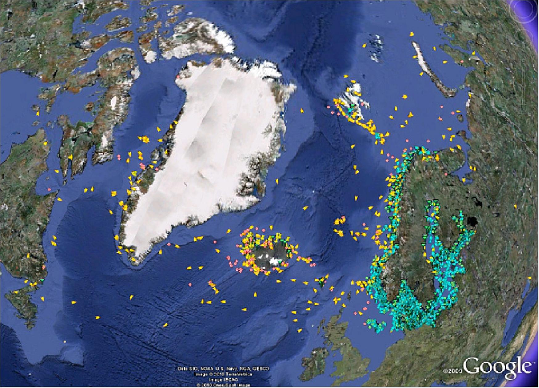 Figure 8: This illustrates the very first data received from the AISSat-1. The yellow and orange symbols are AIS observations from the satellite which came in addition to the existing AIS observations (green and blue) from the Coastal Administration ground based sensors (image credit: FFI)