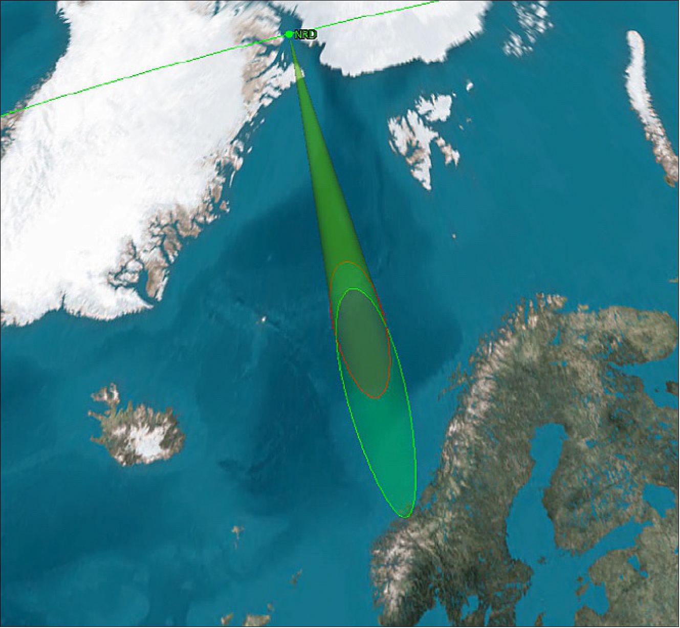 Figure 3: Alternate example of NRD payload coverage (in red and green) during a typical pass over Greenland from an orbit of 600 km (image credit: FFI, Ref. 1) 3)