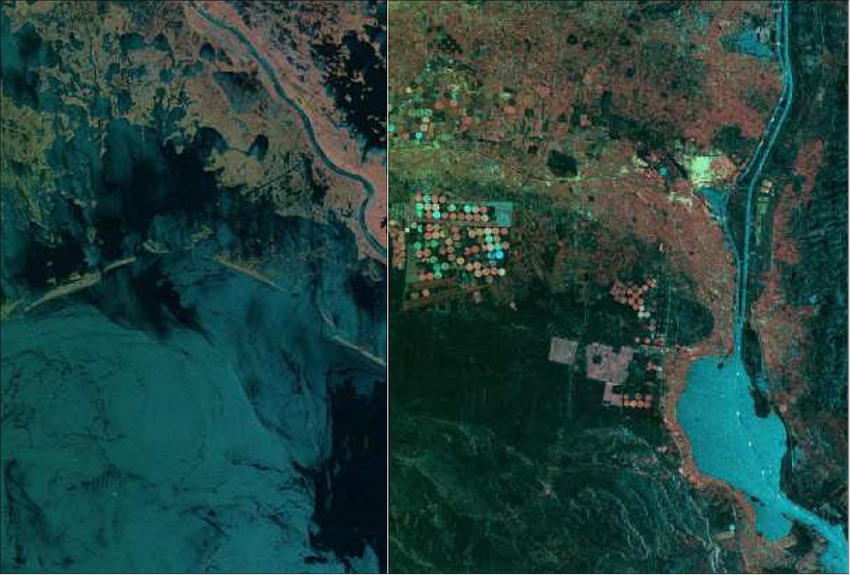 Figure 9: Left: NovaSAR multi-polar images Mississippi Delta and gulf of Mexico, Right: Suez Canal and red Sea 30 m resolution Alt-Pol scanSAR with HH green, VV blue, HV red (image credit: SSTL)