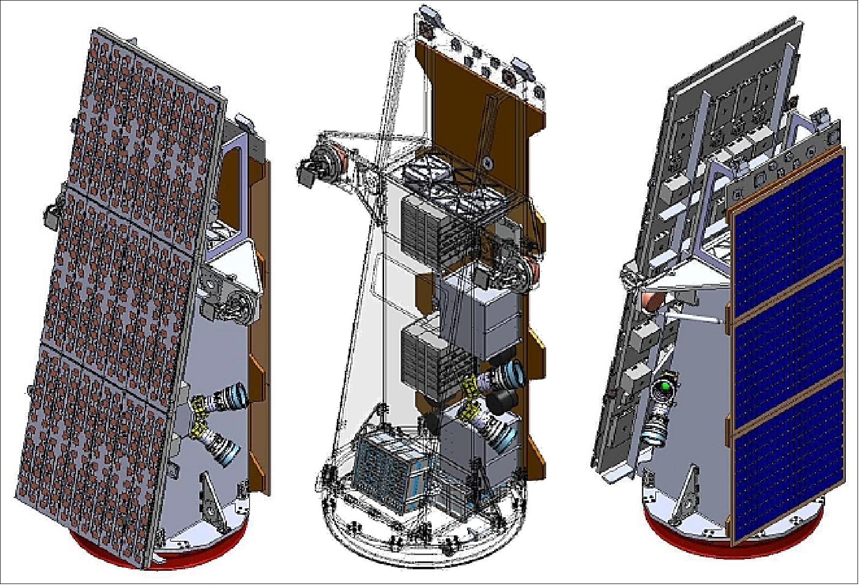 Figure 1: NovaSAR-1 spacecraft with payload antenna (left), component accommodation (center), and solar panel (right), image credit: SSTL, Airbus DS