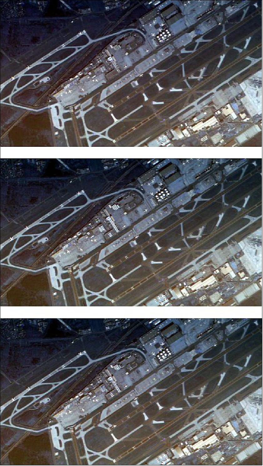 Figure 15: Sequence of images from Frankfurt airport observation HD video, taken at 0 s, 5 s, and 10 s. Motion is most evident from the translation and rotation of airplanes, and translation of vehicles on the roadway. (image credit: UTIAS/SFL & SPACE-SI)