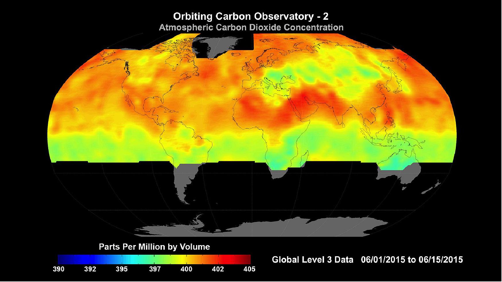 Figure 26: Global average carbon dioxide concentrations as seen by NASA's Orbiting Carbon Observatory-2 mission, June 1-15, 2015 (image credit: NASA/JPL)